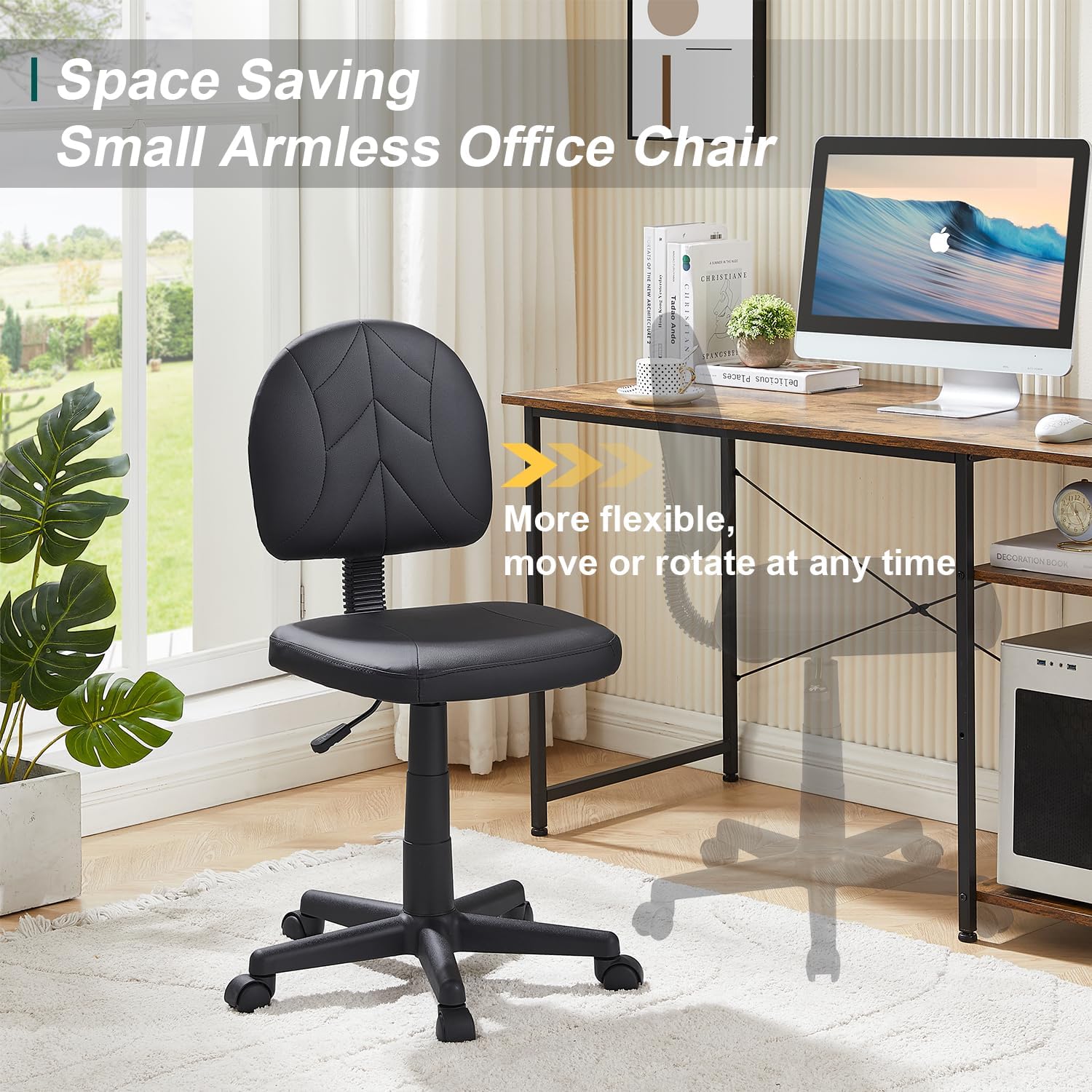 VECELO Small Desk Armless Low-Backrest PU Leather Ergonomic Computer Chair - VECELO