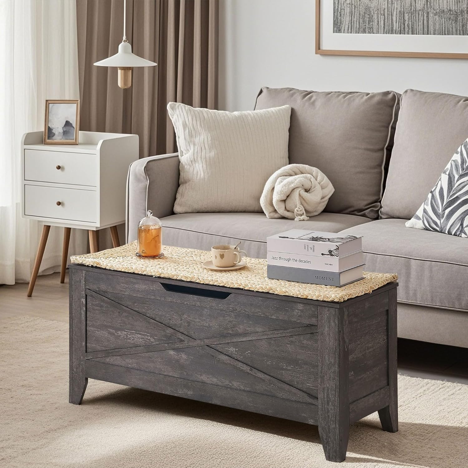 VECELO Storage Bench,43.3in Wooden Chest for Storage with Safety Hinges Wicker-Kont Mats - VECELO