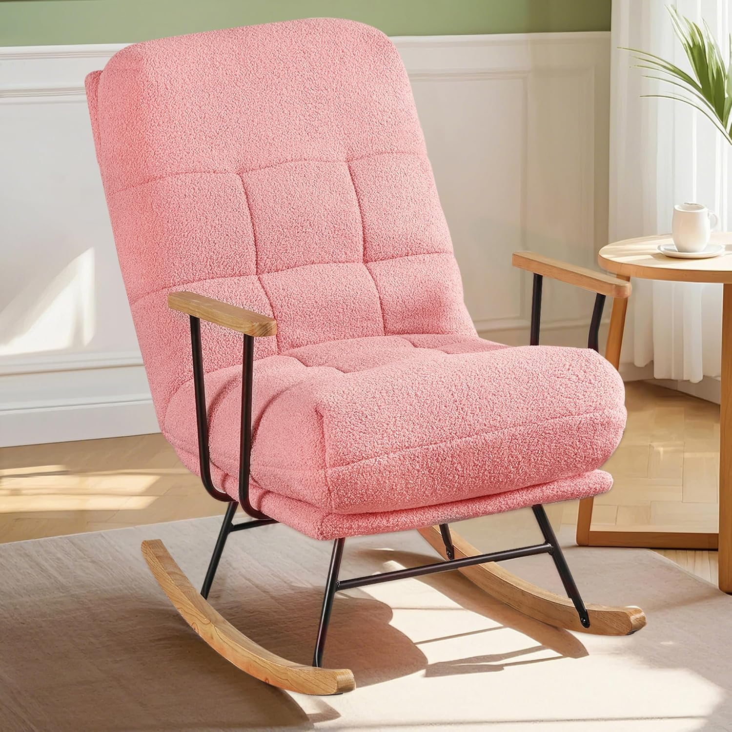 VECELO Rocking Chair Nursery Teddy Fabric Modern Upholstered Glider Rocker with High Backrest for Living Room - VECELO