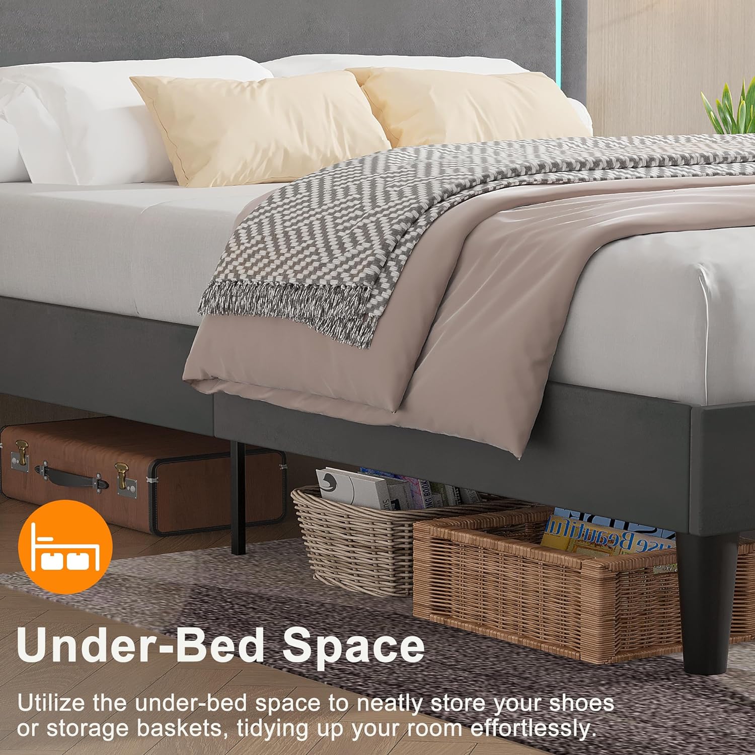 VECELO Upholstered Velvet Platform Bed Frame with Headboard Adjustable, LED Lights, USB-A & Type-C - VECELO