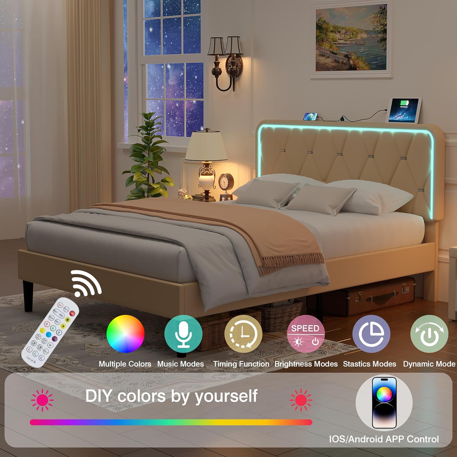 VECELO Upholstered Bed Frame with LED Lights, Charging Station, Velvet Platform Bed - VECELO