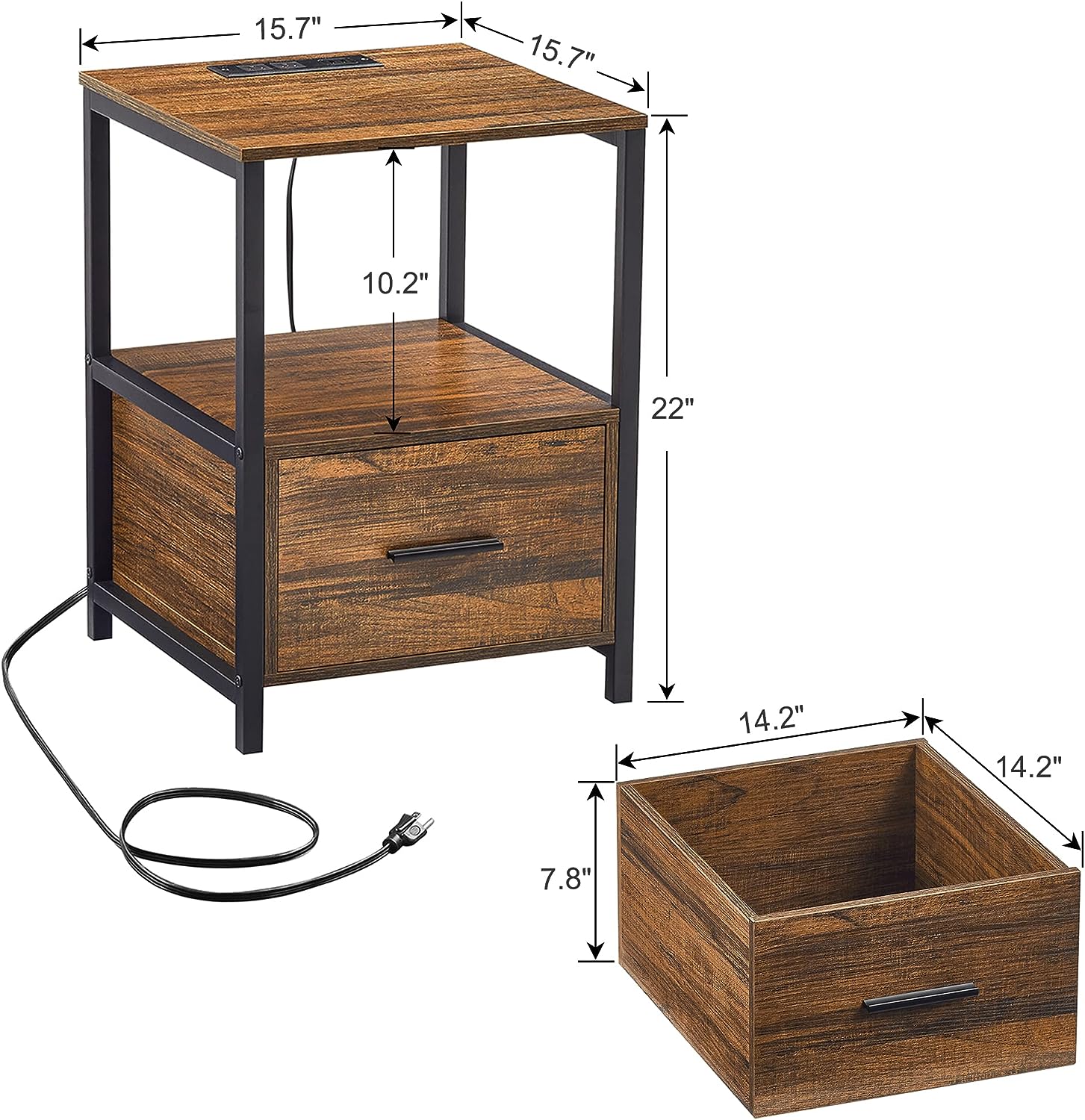 VECELO Modern Nightstand with Charging Station and USB Ports End Side Table - VECELO