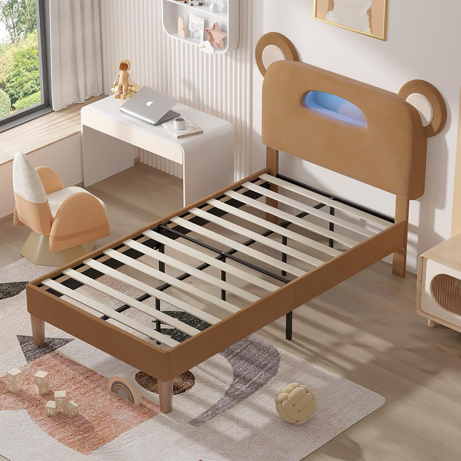 VECELO Twin Size Bed Frame with LED Light, Upholstered Platform Bedframe with Bear Adjustable Headboard - VECELO