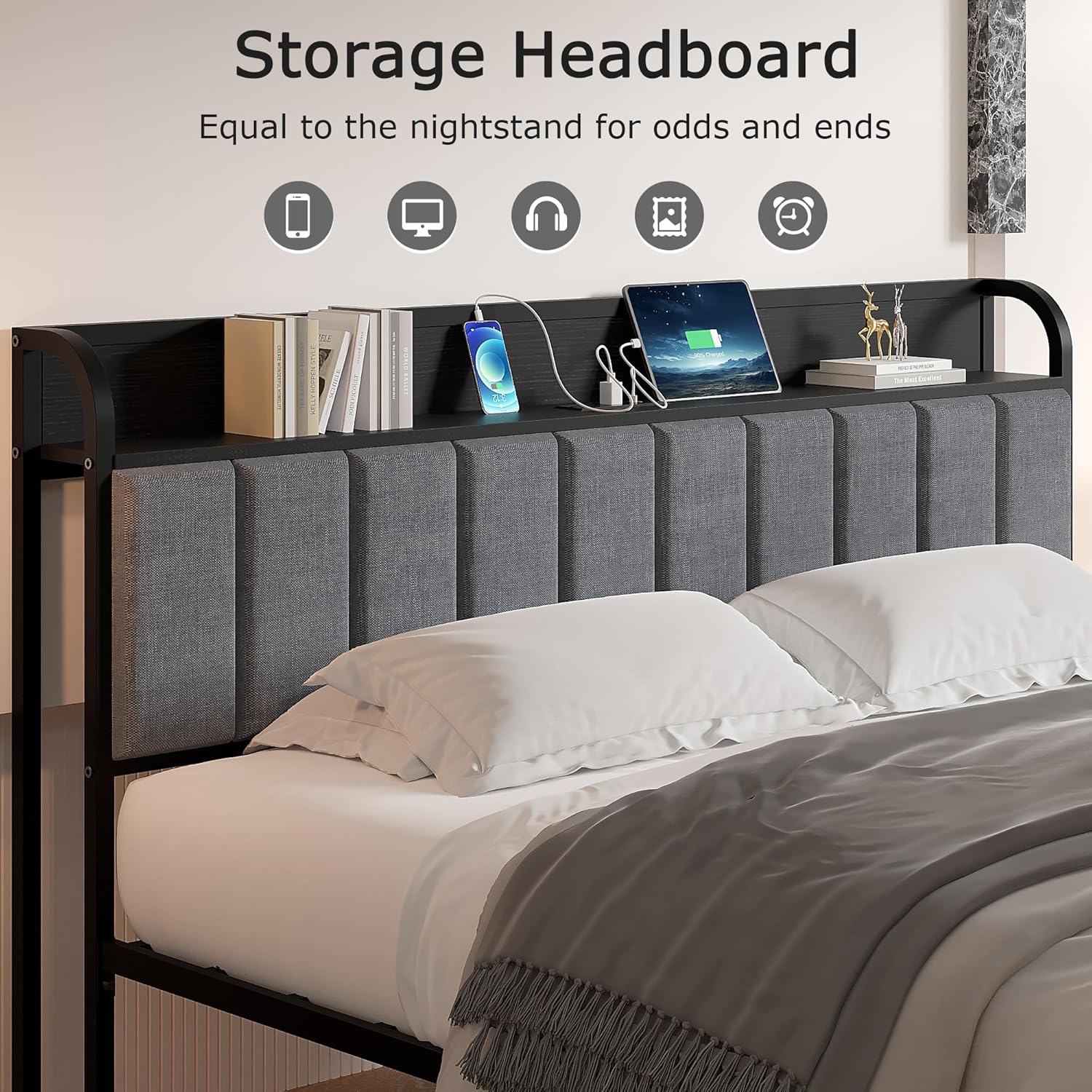 VECELO Twin Bed Frame, Storage Upholstered Headboard with Charging Station - VECELO