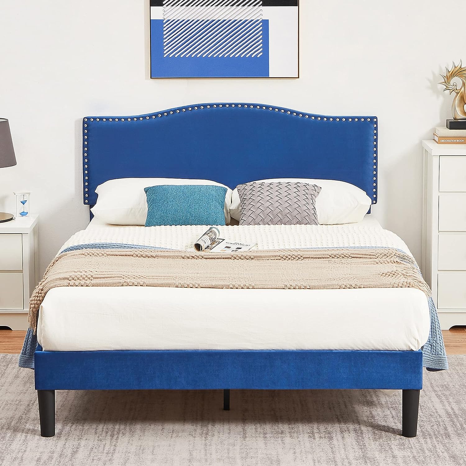 VECELO Bed Frame Platform with Upholstered Headboard & Wooden Slats Support - VECELO