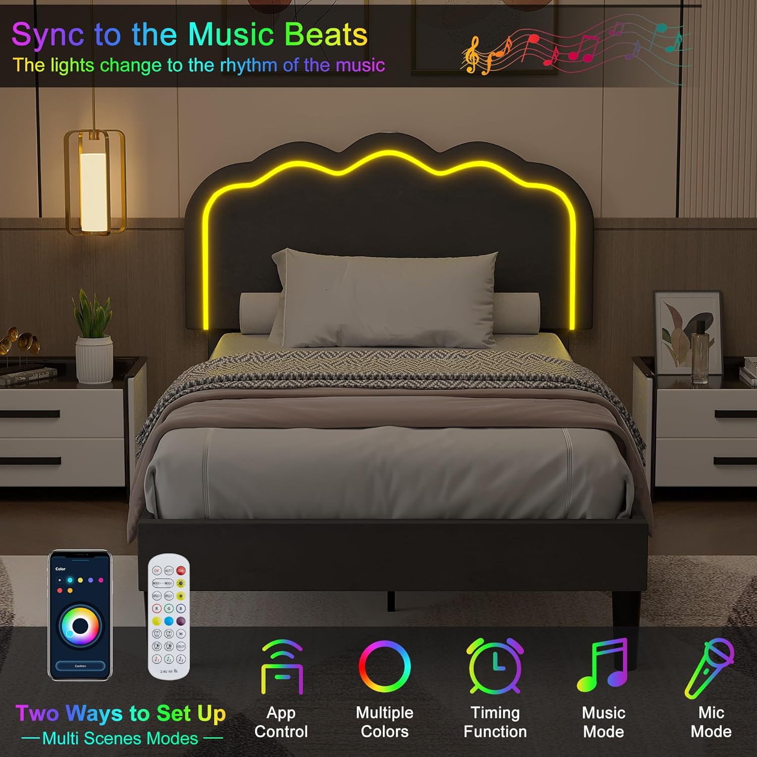 VECELO Upholstered Velvet Platform Bed Frame with Headboard Adjustable, LED Lights, USB-A & Type-C - VECELO