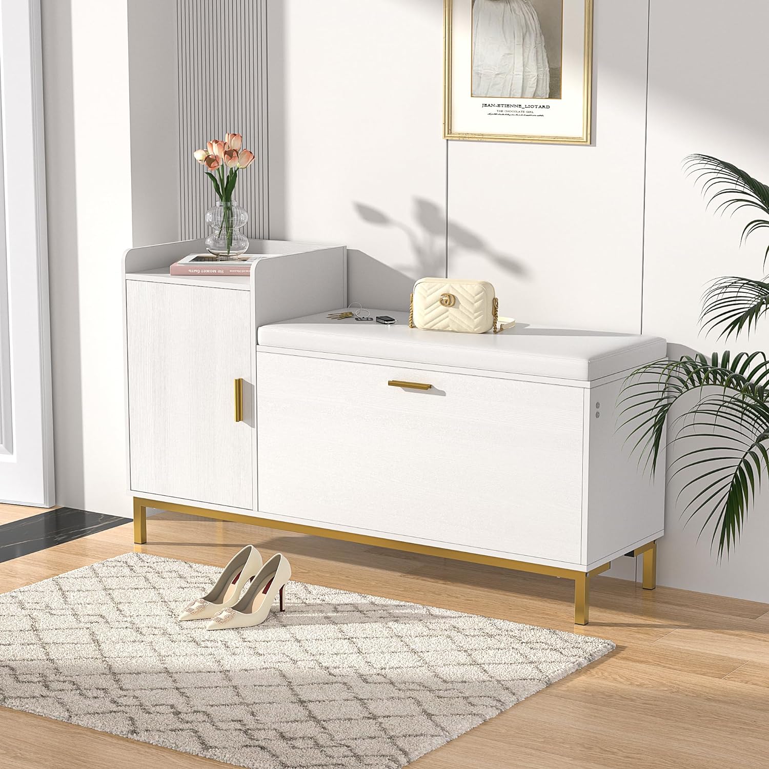 VECELO Shoe Storage Bench with Flip Drawers Entryway Cabinet with Removable Seat Cushion - VECELO