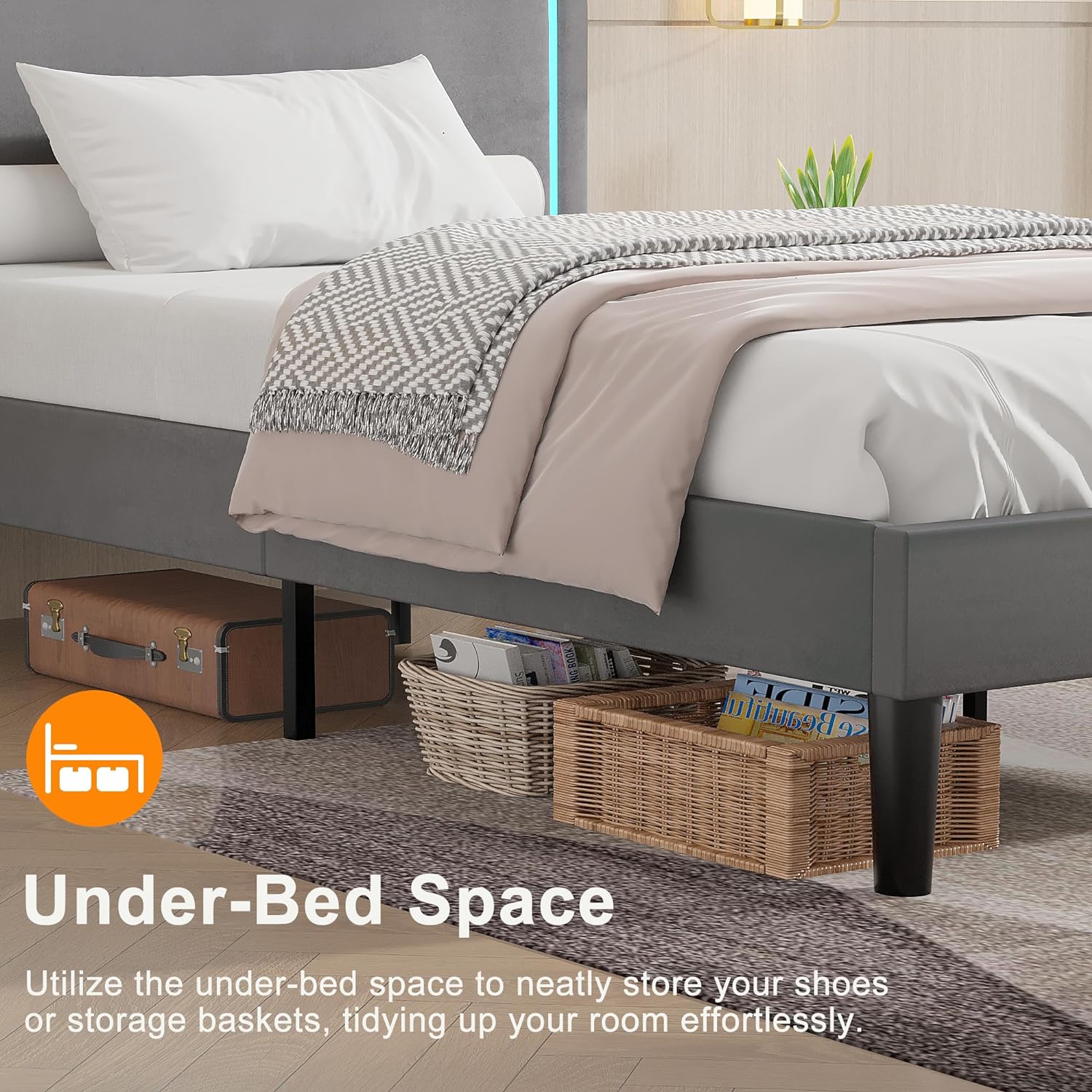 VECELO Upholstered Velvet Platform Bed Frame with Headboard Adjustable, LED Lights, USB-A & Type-C - VECELO