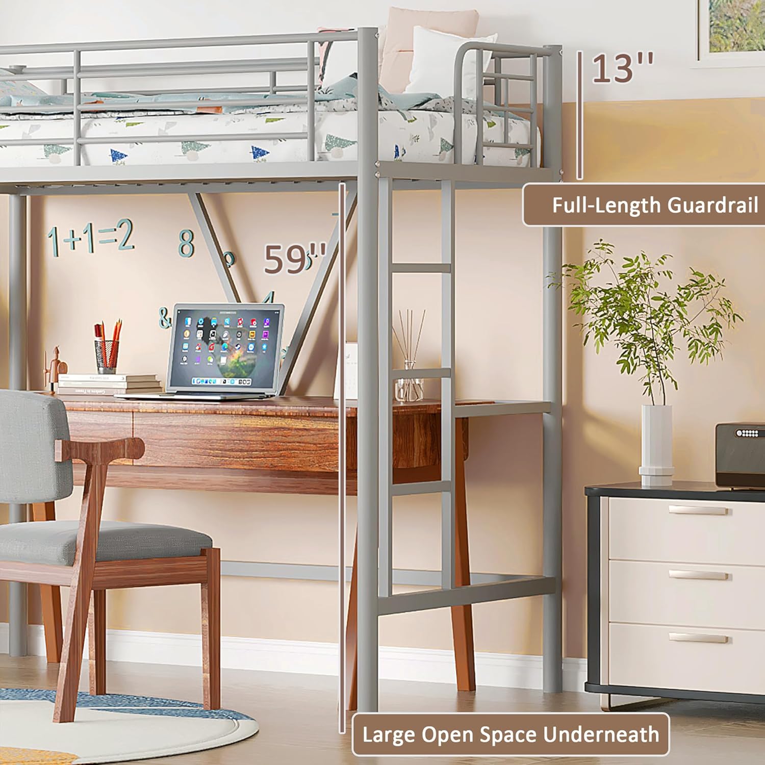 VECELO Metal Loft Bed Twin Size - VECELO