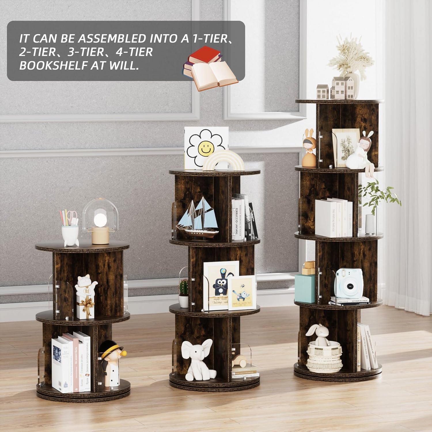 VECELO Rotating Bookshelf with Acrylic Display Window Partition - VECELO