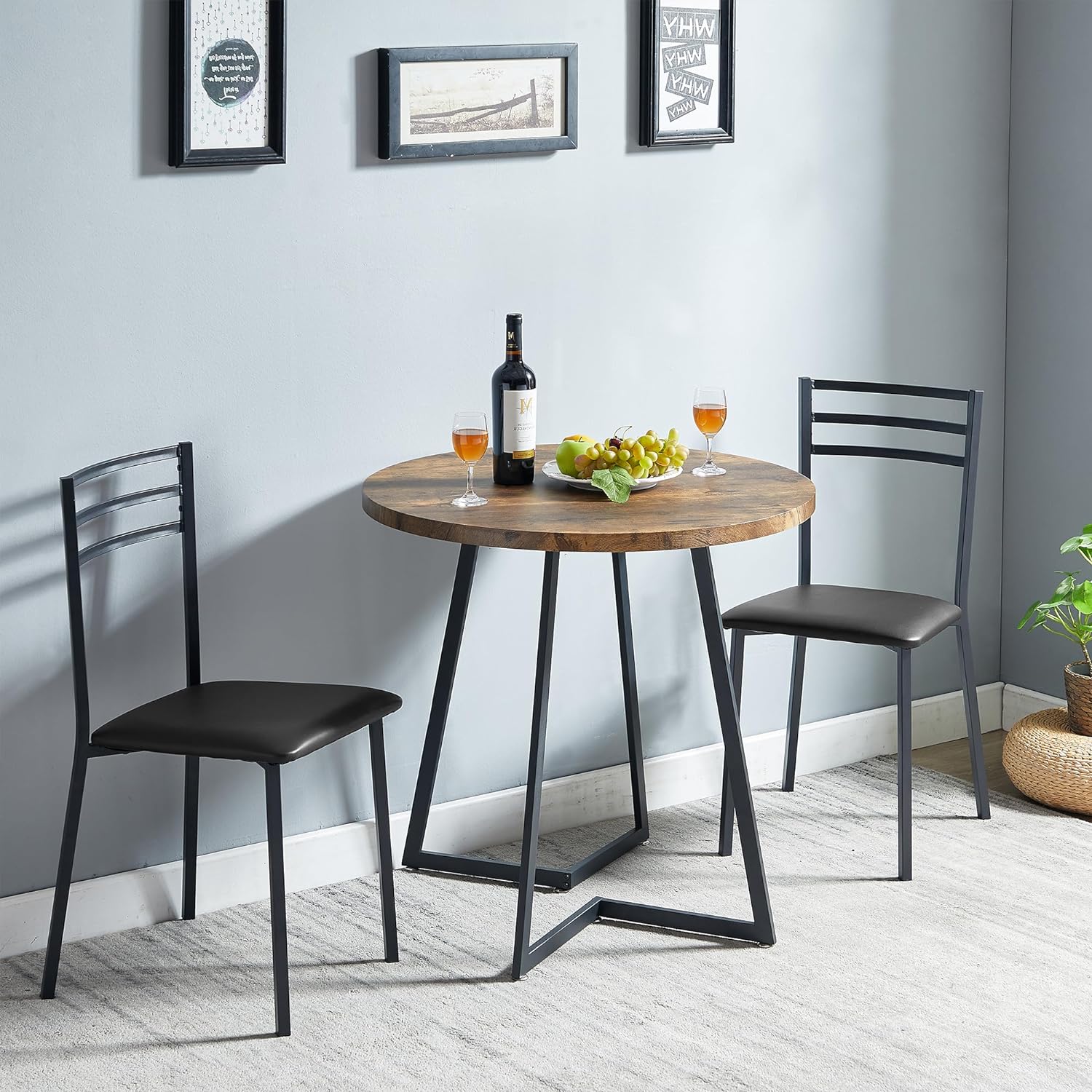 VECELO Round Dining Room Table with Wood Grain Tabletop and Steel Frame - VECELO