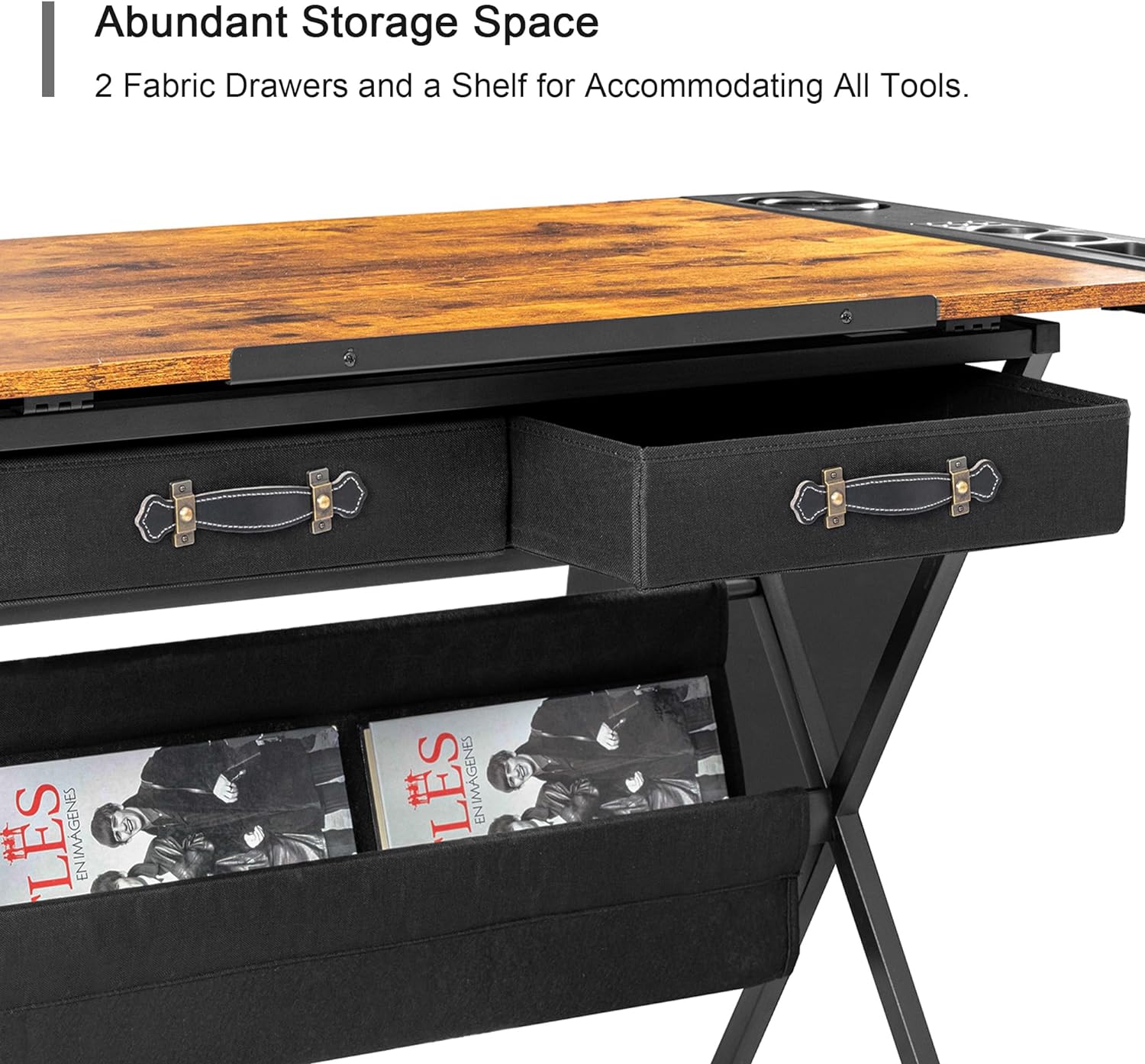 VECELO Drafting Table Adjustable Desk Tilted Tabletop with 2 Storage Drawers and Stool - VECELO