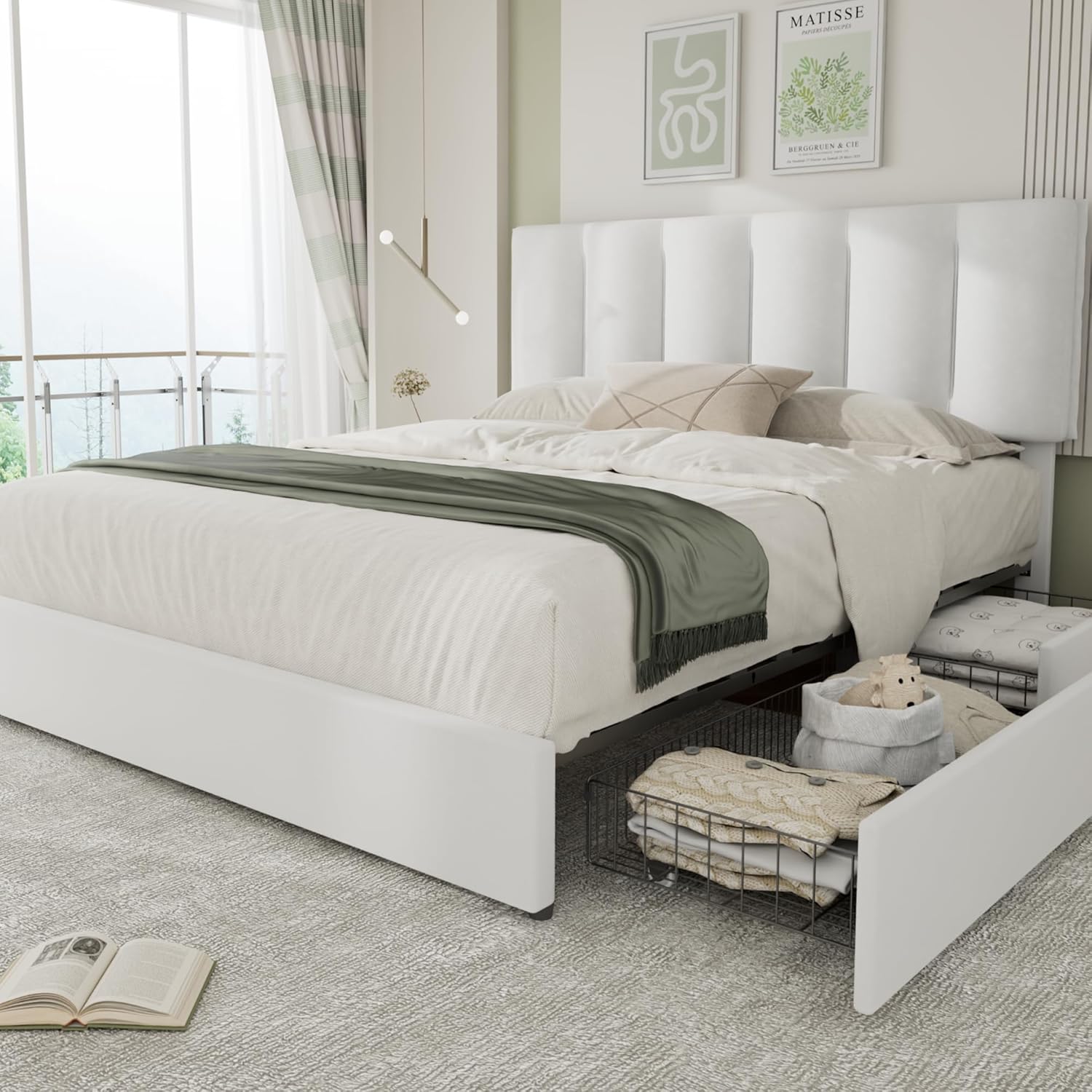 VECELO Upholstered Bed Frame with 4 Storage Drawers and Adjustable Velvet Headboard - VECELO