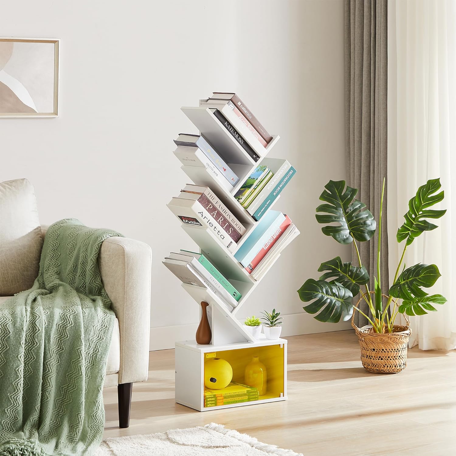 VECELO Tree Bookshelf, 7-Tier Tree Bookcase Wood Shelves Display with Storage Cabinet - VECELO