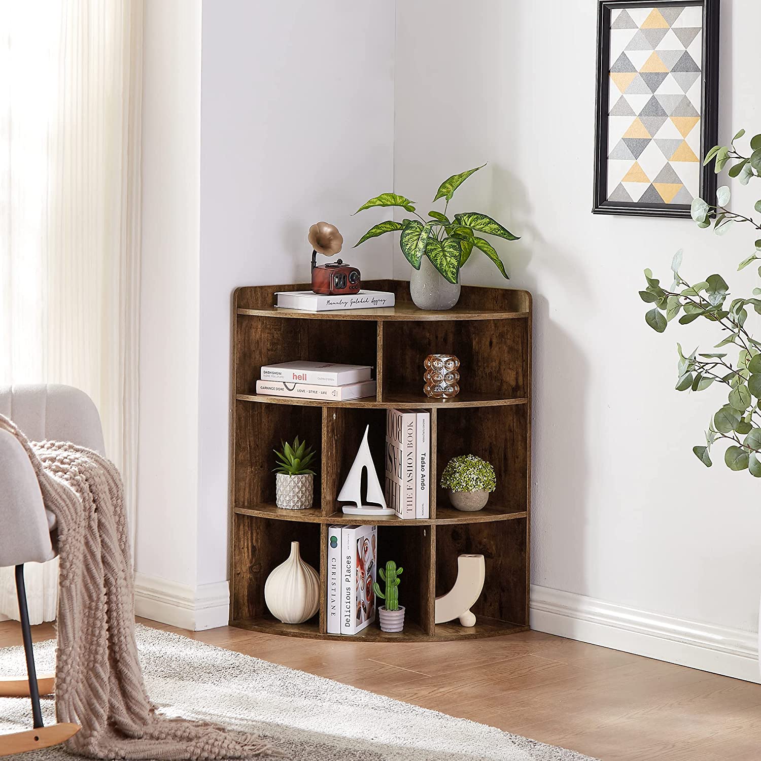 VECELO 3-Tier Corner Cabinet with 8 Cubbies, Wooden Cube Storage Organizer - VECELO