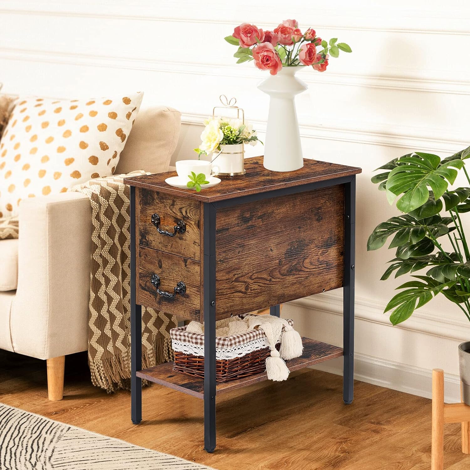 VECELO End Tables,Narrow Nightstands with Charging Station & USB Ports &Drawers - VECELO