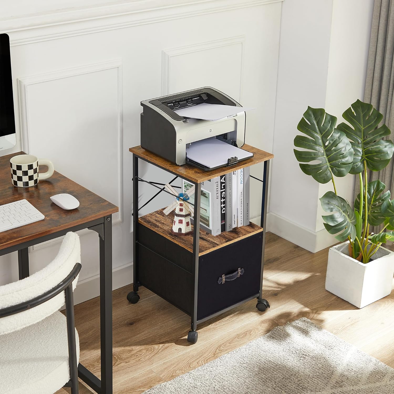 VECELO File Cabinet with Open Storage Shelf, Rolling Printer Stand with Large Fabric Drawer - VECELO