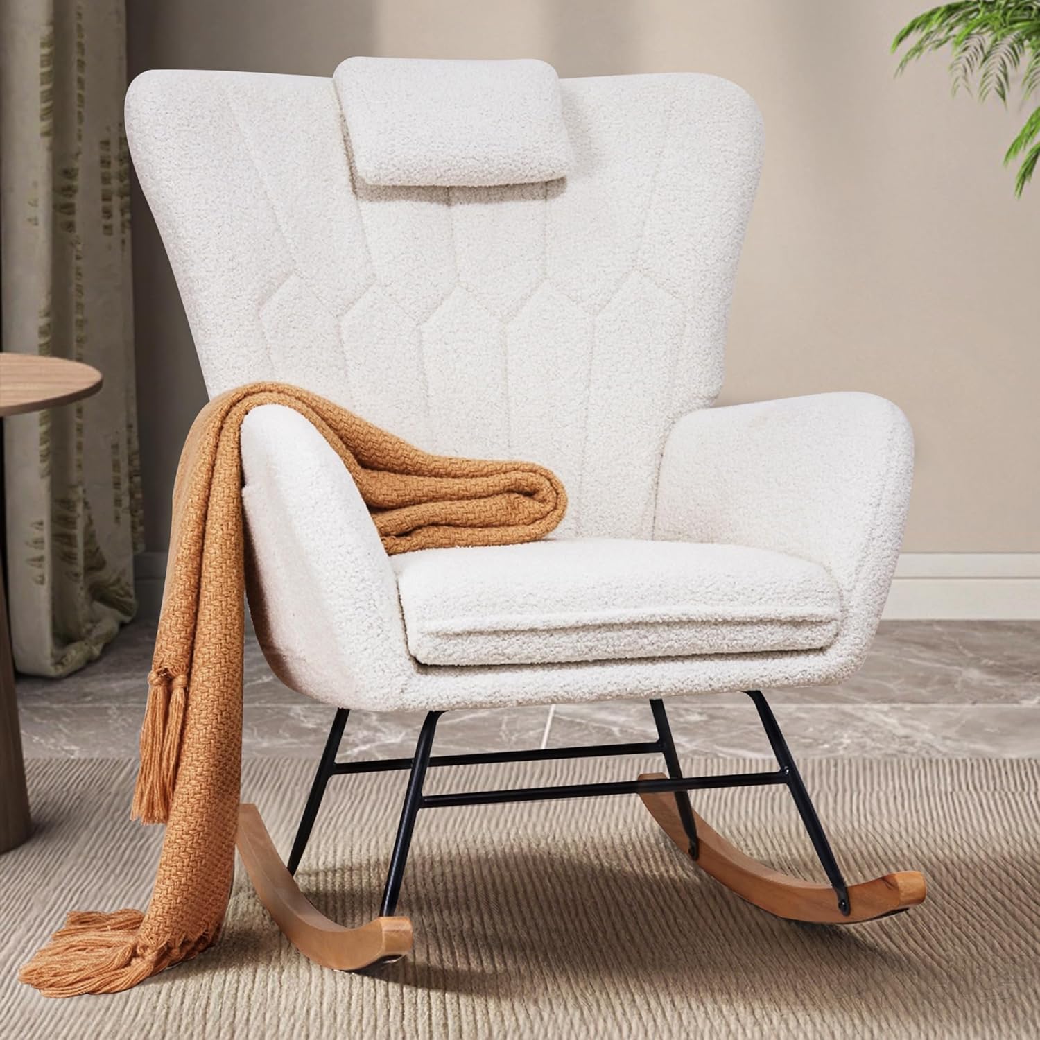 VECELO Rocking Chair Nursery with Thick Headrest, Modern Teddy Upholstered Reading Glider Rocker Accent Armchair with High Backrest - VECELO