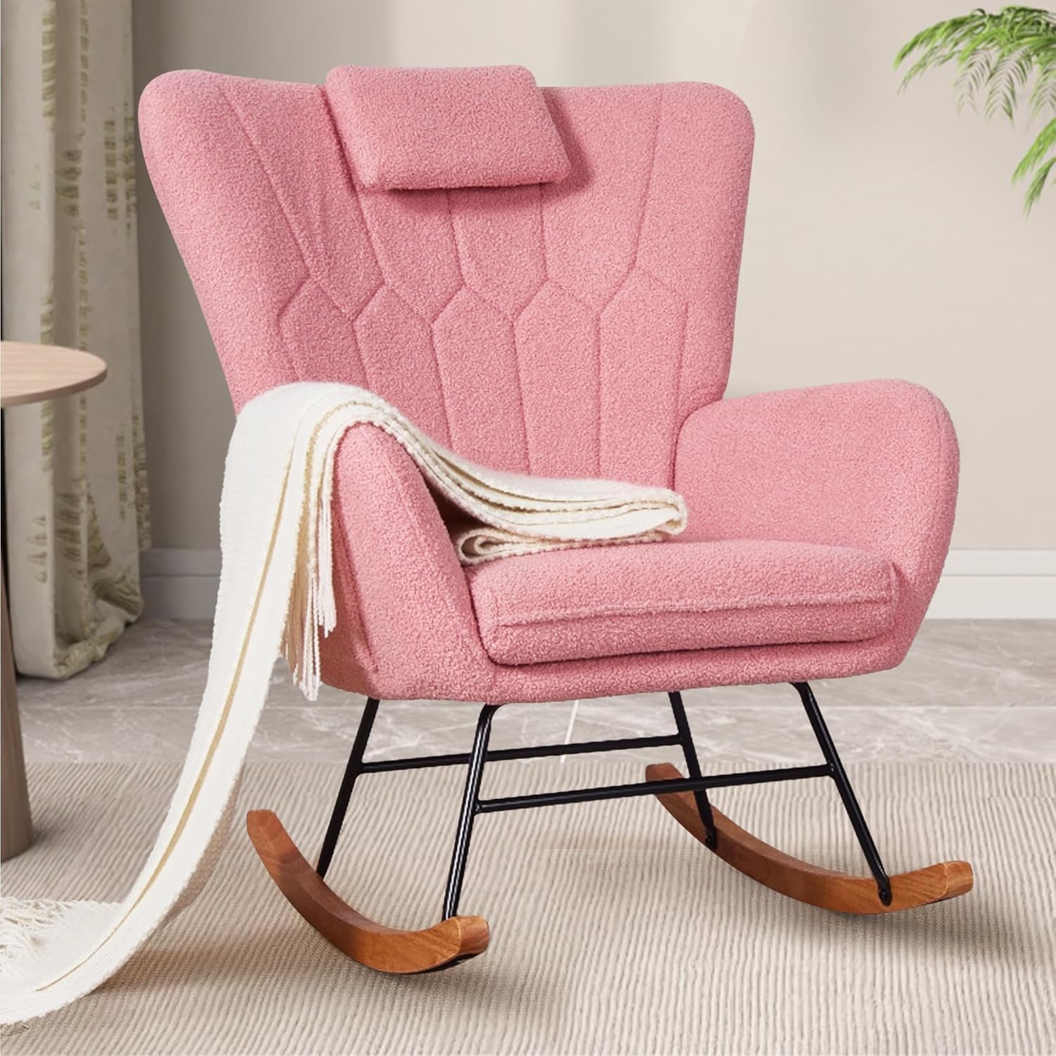 VECELO Rocking Chair Nursery with Thick Headrest, Modern Teddy Upholstered Reading Glider Rocker Accent Armchair with High Backrest - VECELO