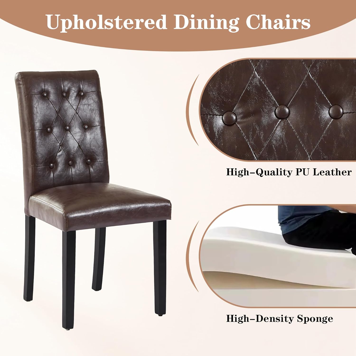 VECELO Upholstered Dining Chairs Set of 2 Button Tufted Back, Padded Seat, Wood Legs with Rubber Footpads - VECELO