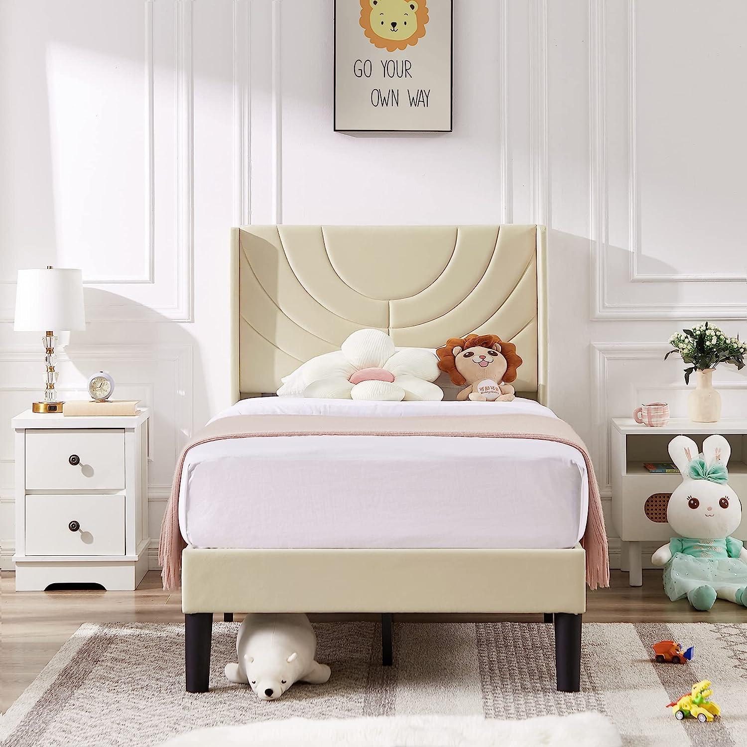 VECELO Upholstered Platform Bed Frame with Adjustable Fabric Headboard - VECELO