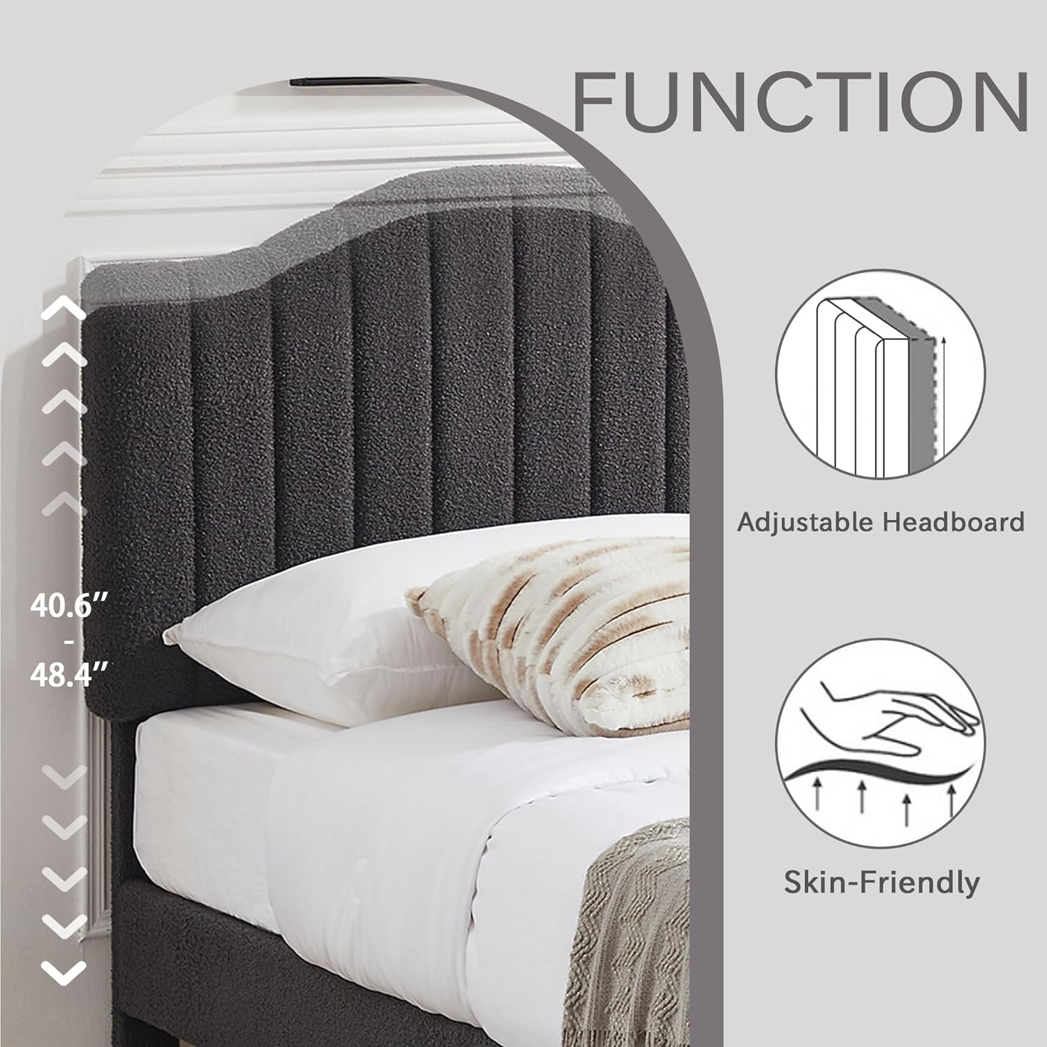 VECELO Upholstered Platform Bed Frame with Sheepskin Fabric Adjustable Headboard/Strong Wood Slats Supports - VECELO