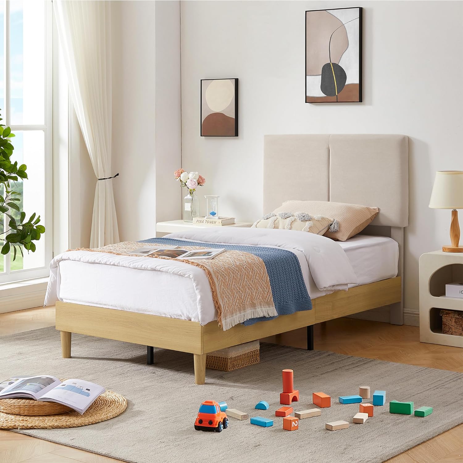 VECELO Upholstered Platform Bed Frame with Height-Adjustable Cotton and Linen Headboard - VECELO