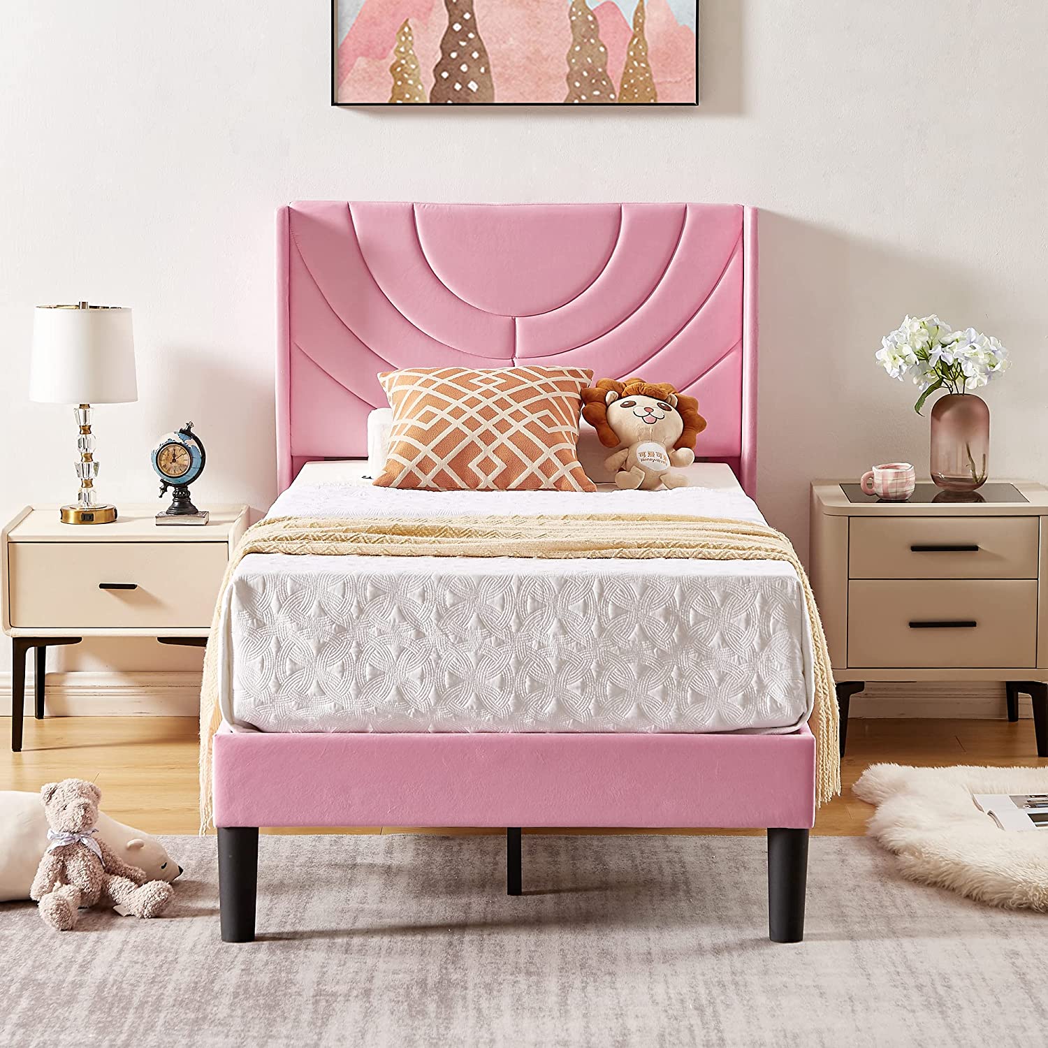 VECELO Upholstered Platform Bed Frame with Adjustable Fabric Headboard - VECELO