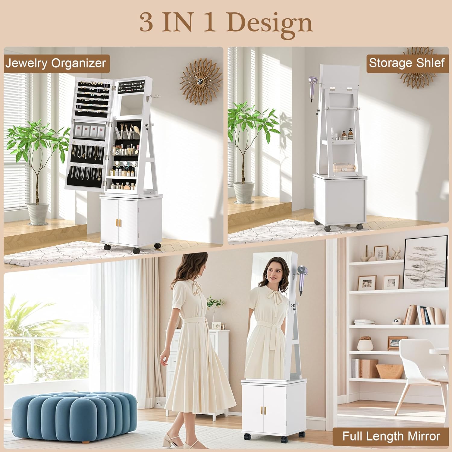VECELO Lockable Standing Jewelry Armoire Organizer with Drawers and Shelf - VECELO