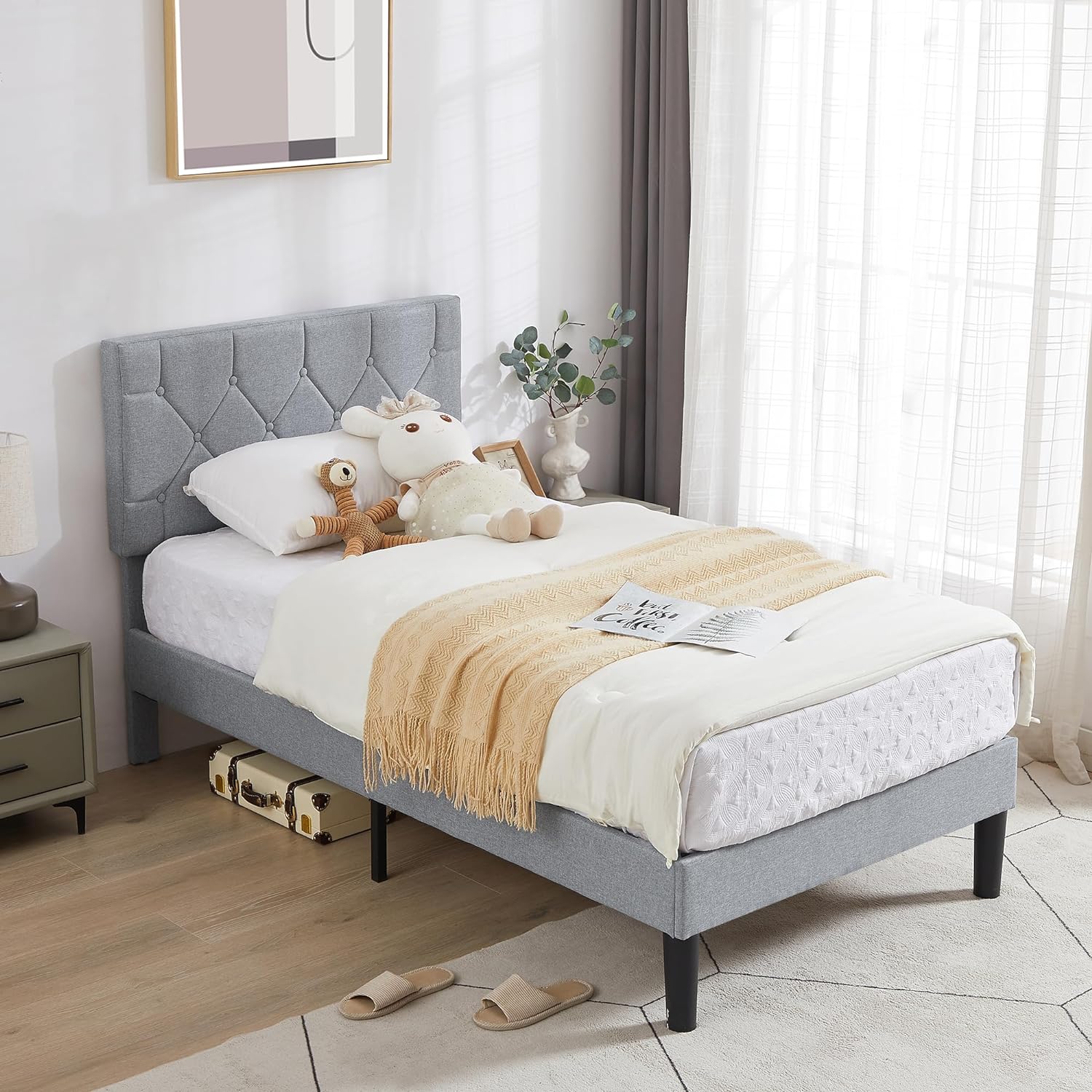 VECELO Bed Frame, Upholstered Platform with Adjustable Diamond Tufted Headboard - VECELO