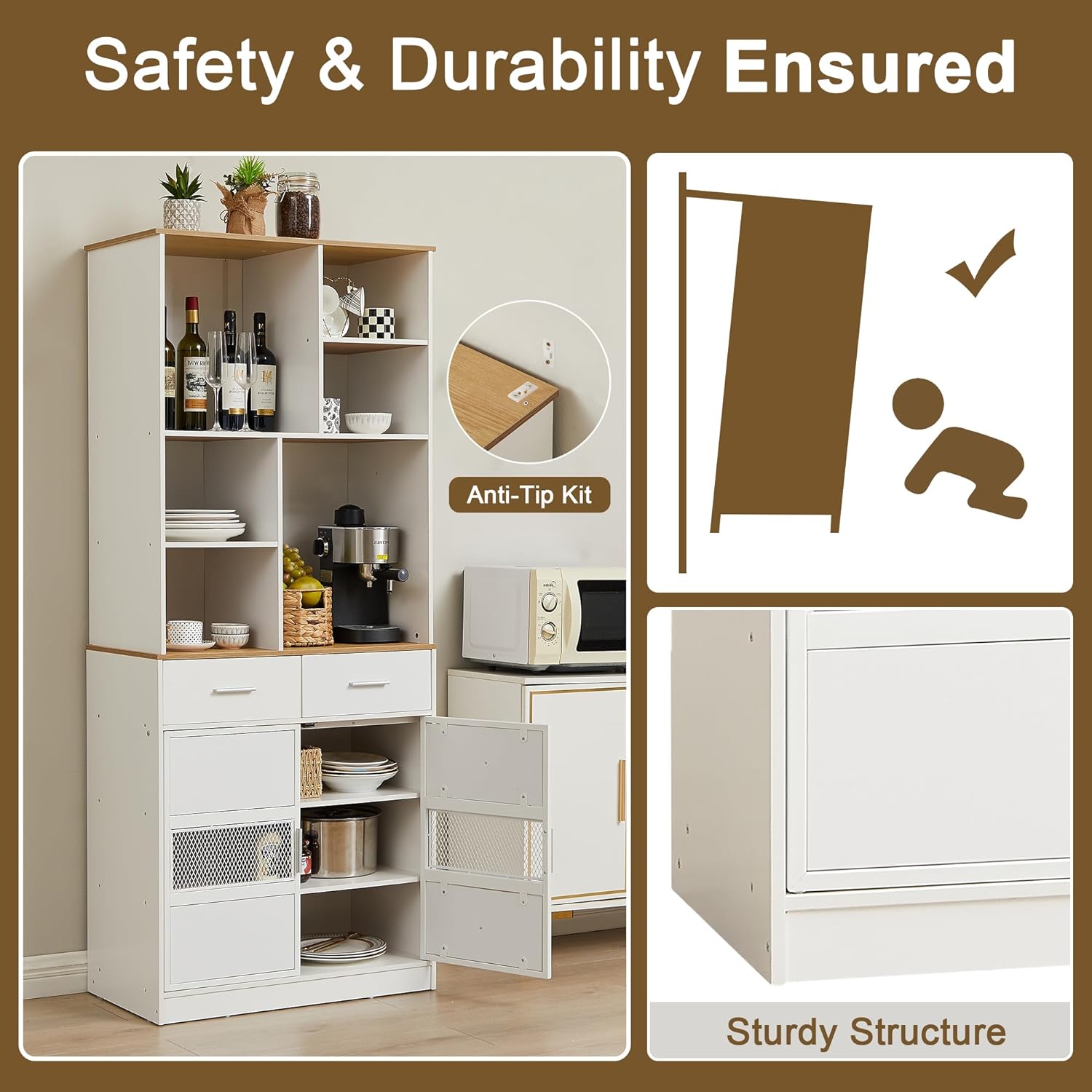 VECELO Floor Storage Cabinet 72" Free Standing Kitchen Pantry Buffet Cupboard with Multi Open Shelves and 2 Drawers - VECELO