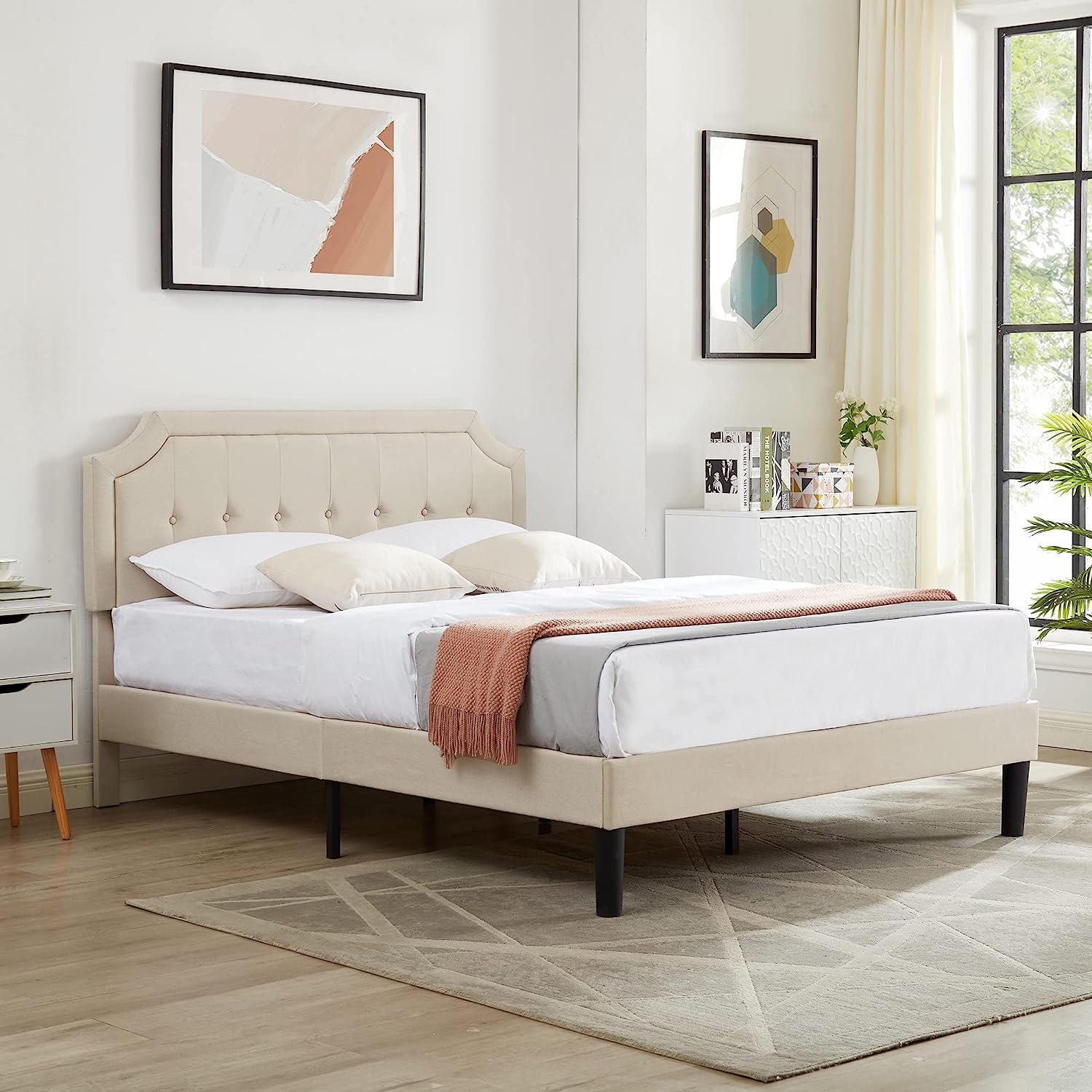 VECELO Premium Upholstered Platform Bed Diamond Stitched Panel Headboard - VECELO