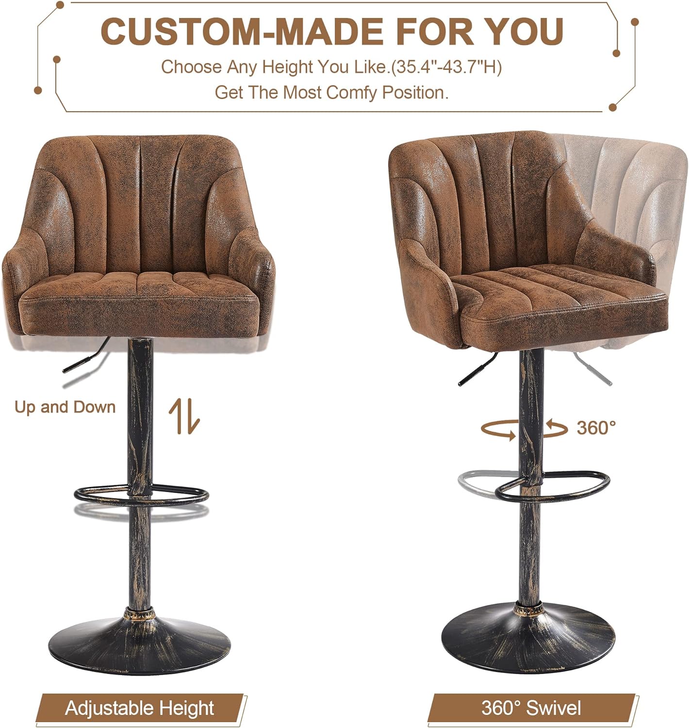 VECELO Adjustable Counter Height Bar Stools with Back and Arm Stools Set of 2 - VECELO