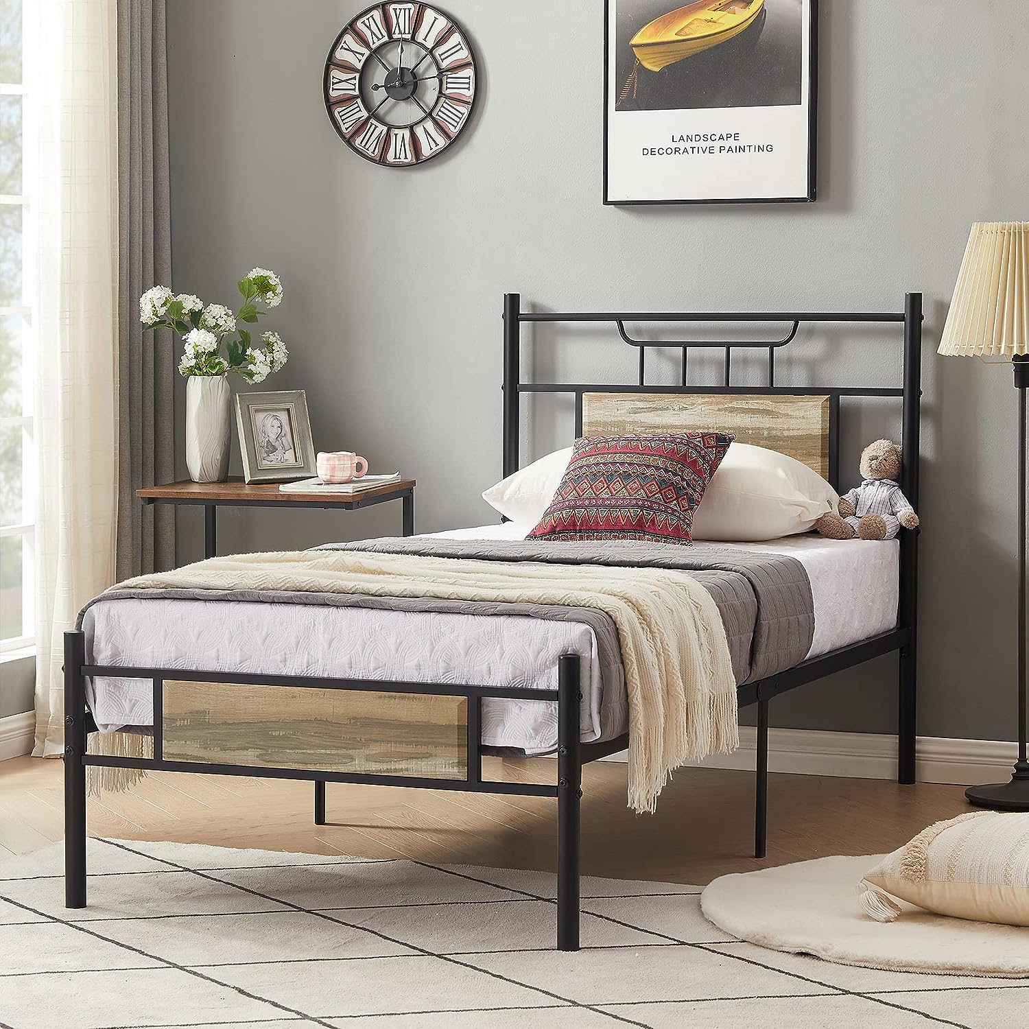 VECELO Platform Bed Frame with Wood Headboard No Box Spring Needed Heavy Duty Steel Slat - VECELO