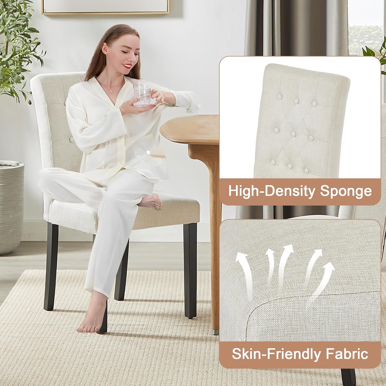 VECELO Upholstered Dining Chairs Set of 2 Button Tufted Back, Padded Seat, Wood Legs with Rubber Footpads - VECELO