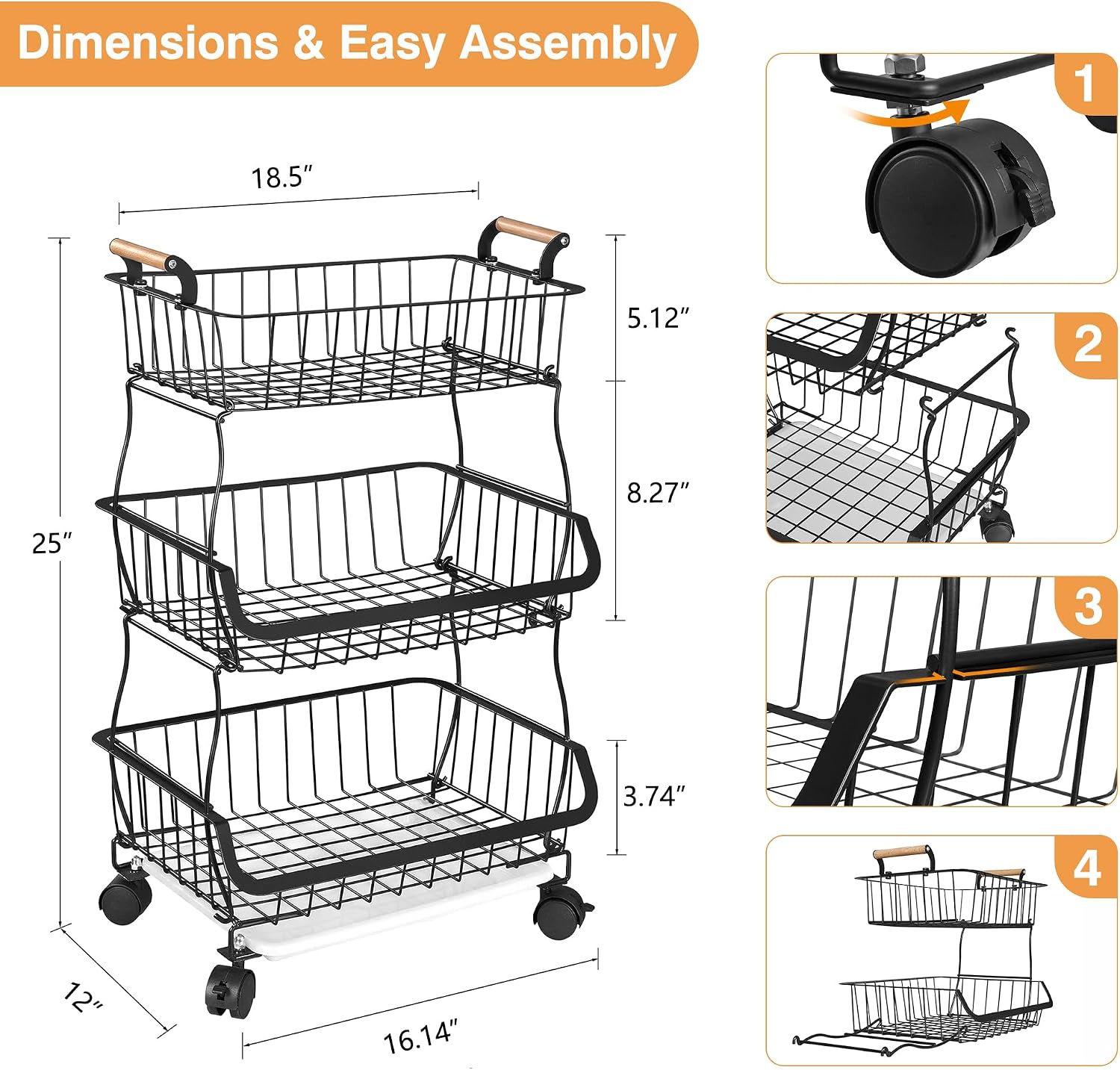 VECELO 3-Tier Fruit Basket with Wheels,
