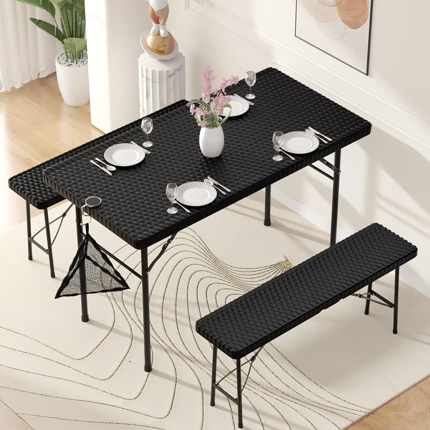 VECELO Dining Set for 4, Faux Rattan Folding Table with 2 Benches - VECELO