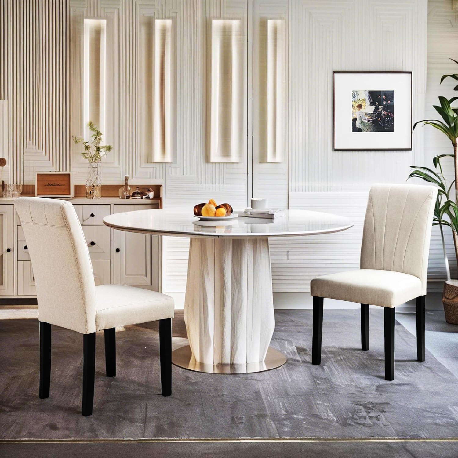 VECELO Set of 2 Upholstered Dining Chairs, Modern Fabric and Solid Wood Legs & High Back - VECELO