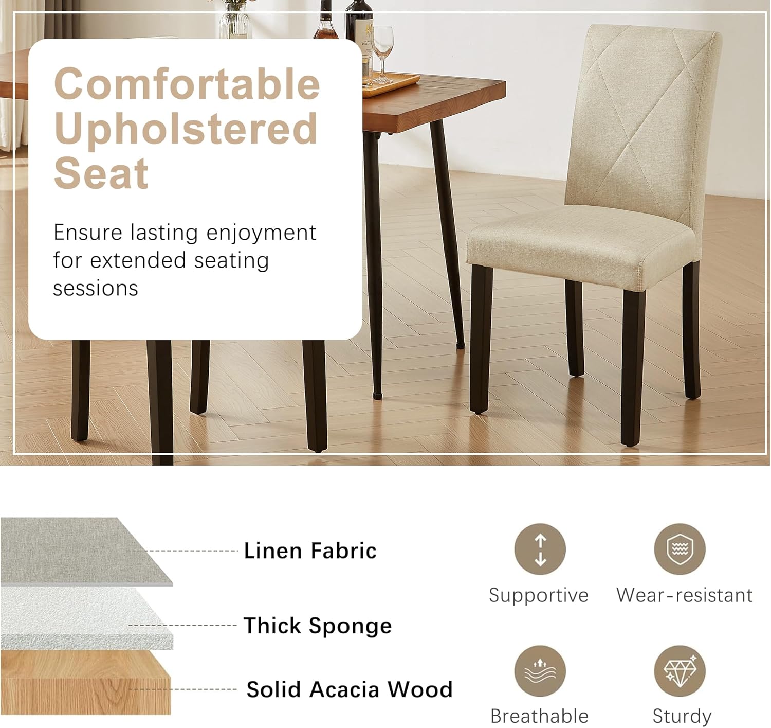 VECELO Upholstered Dining Chairs Set of 2 Modern Fabric and High Back & Solid Wood Legs for Kitchen - VECELO