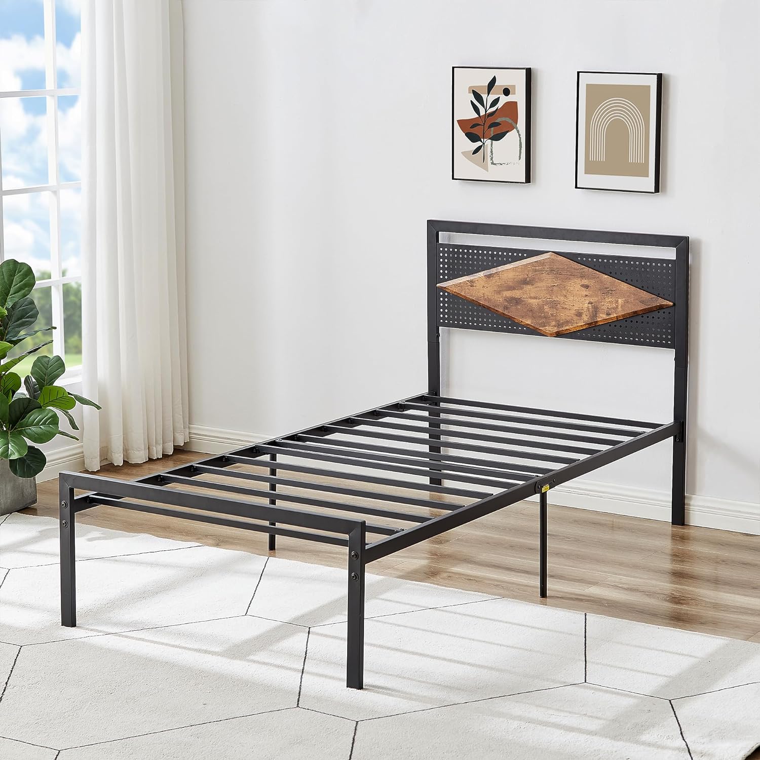 VECELO Metal Bed Frame Platform with Wood Grain Headboard&Footboard - VECELO