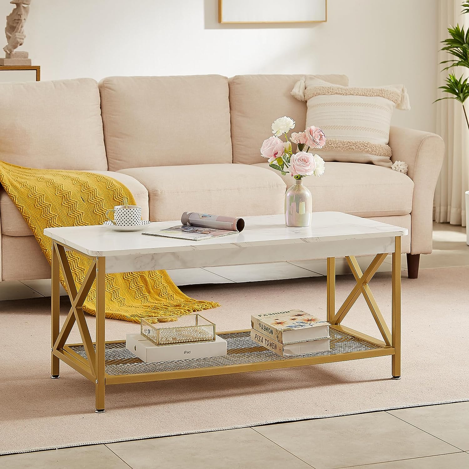 VECELO Coffee Table with Storage Shelf for Living Room 39.4 Inch, Simple Modern & Industrial Design - VECELO