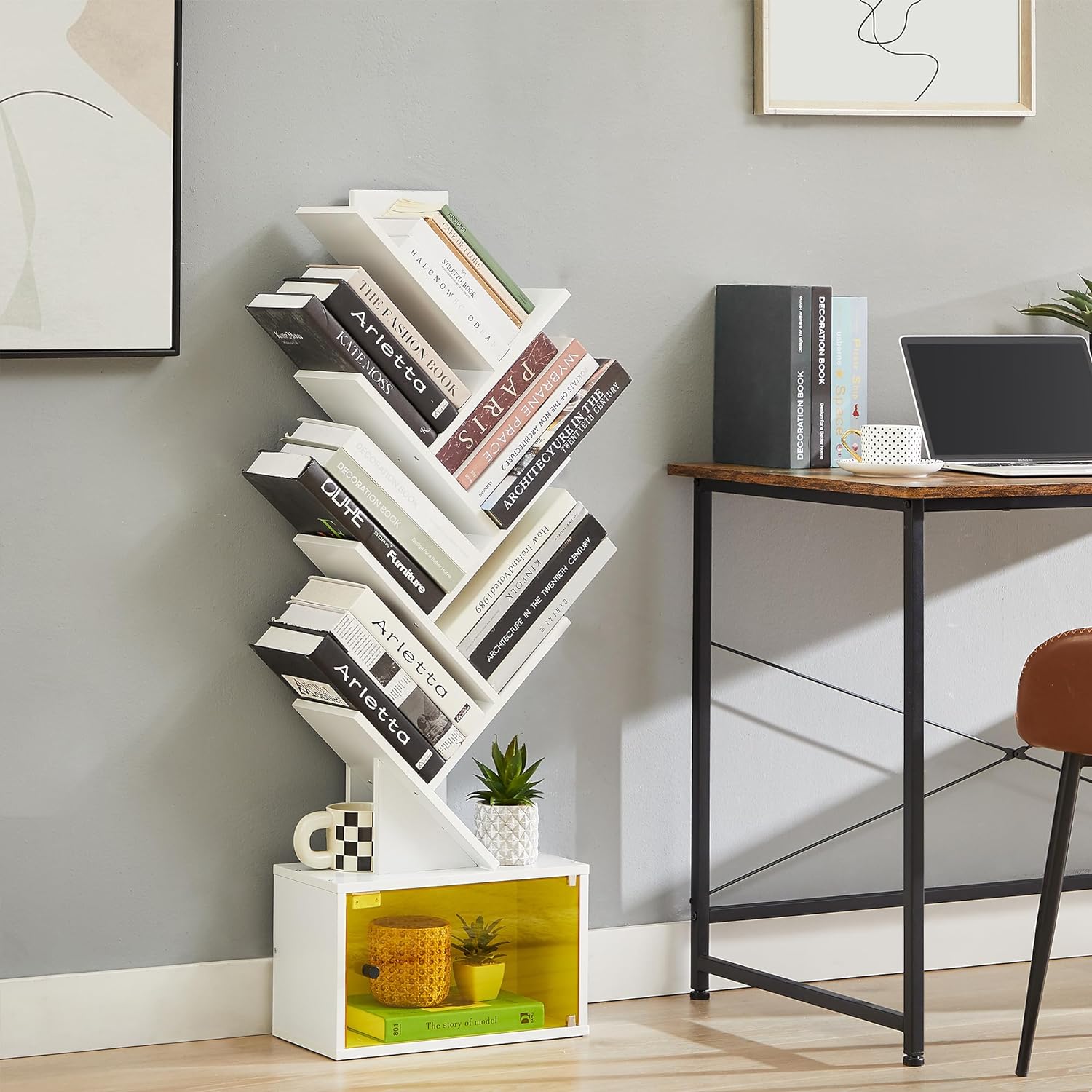 VECELO Tree Bookshelf, 7-Tier Tree Bookcase Wood Shelves Display with Storage Cabinet - VECELO