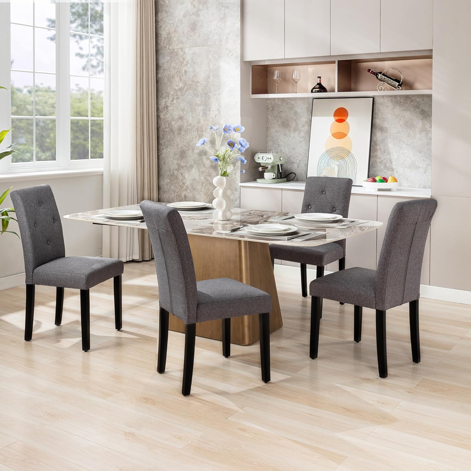 VECELO Upholstered Dining Set of 2 Modern Fabric Dinning Chair with Solid Wood Legs and High Back - VECELO