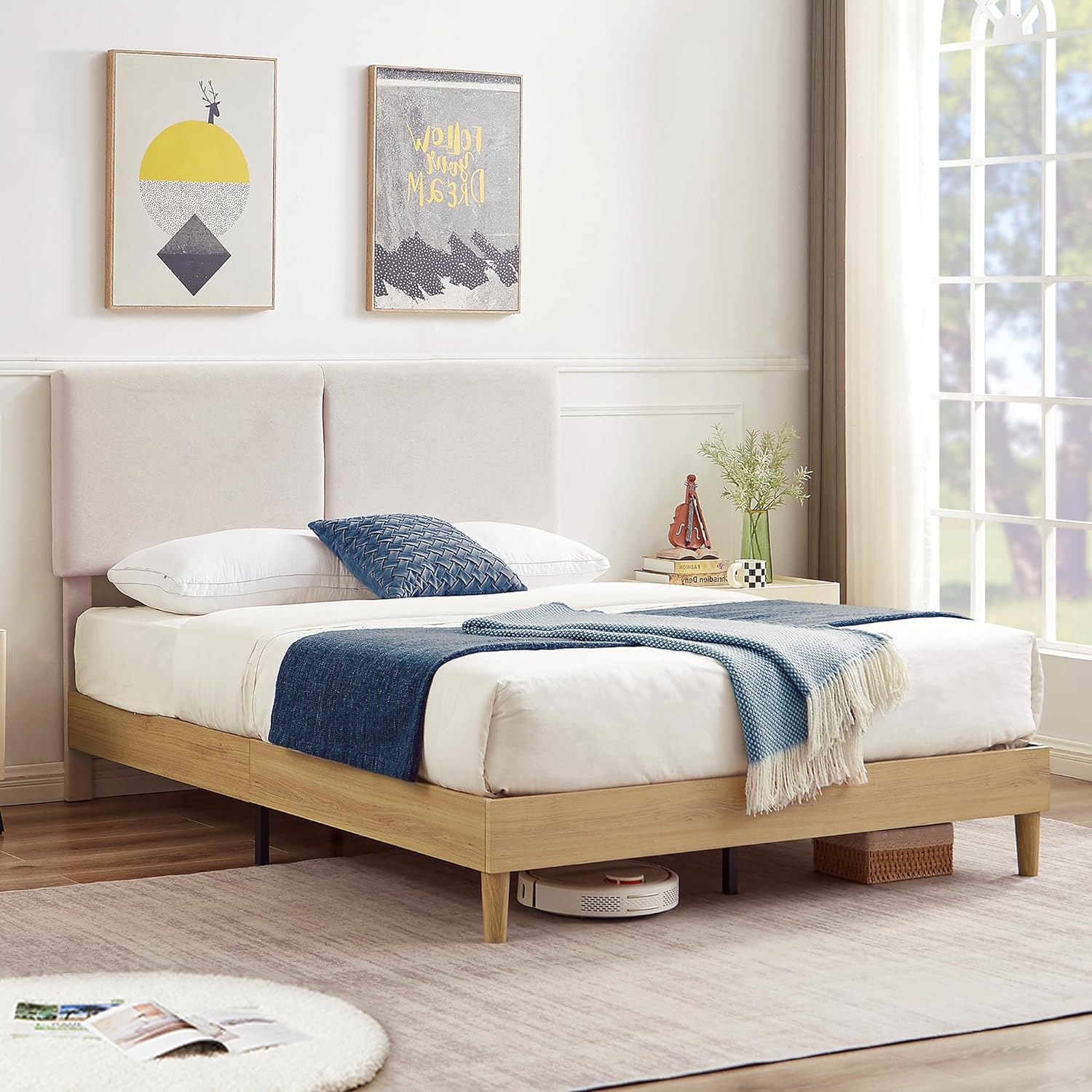 VECELO Upholstered Platform Bed Frame with Height-Adjustable Cotton and Linen Headboard - VECELO