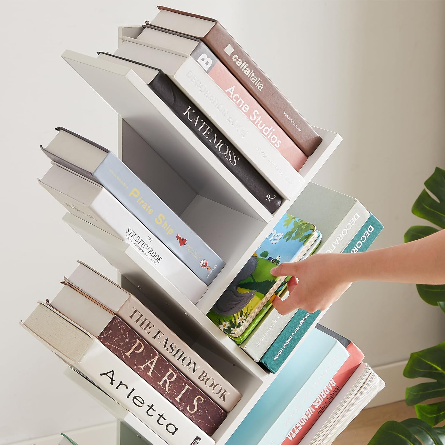 VECELO Tree Bookshelf, 7-Tier Tree Bookcase Wood Shelves Display with Storage Cabinet - VECELO
