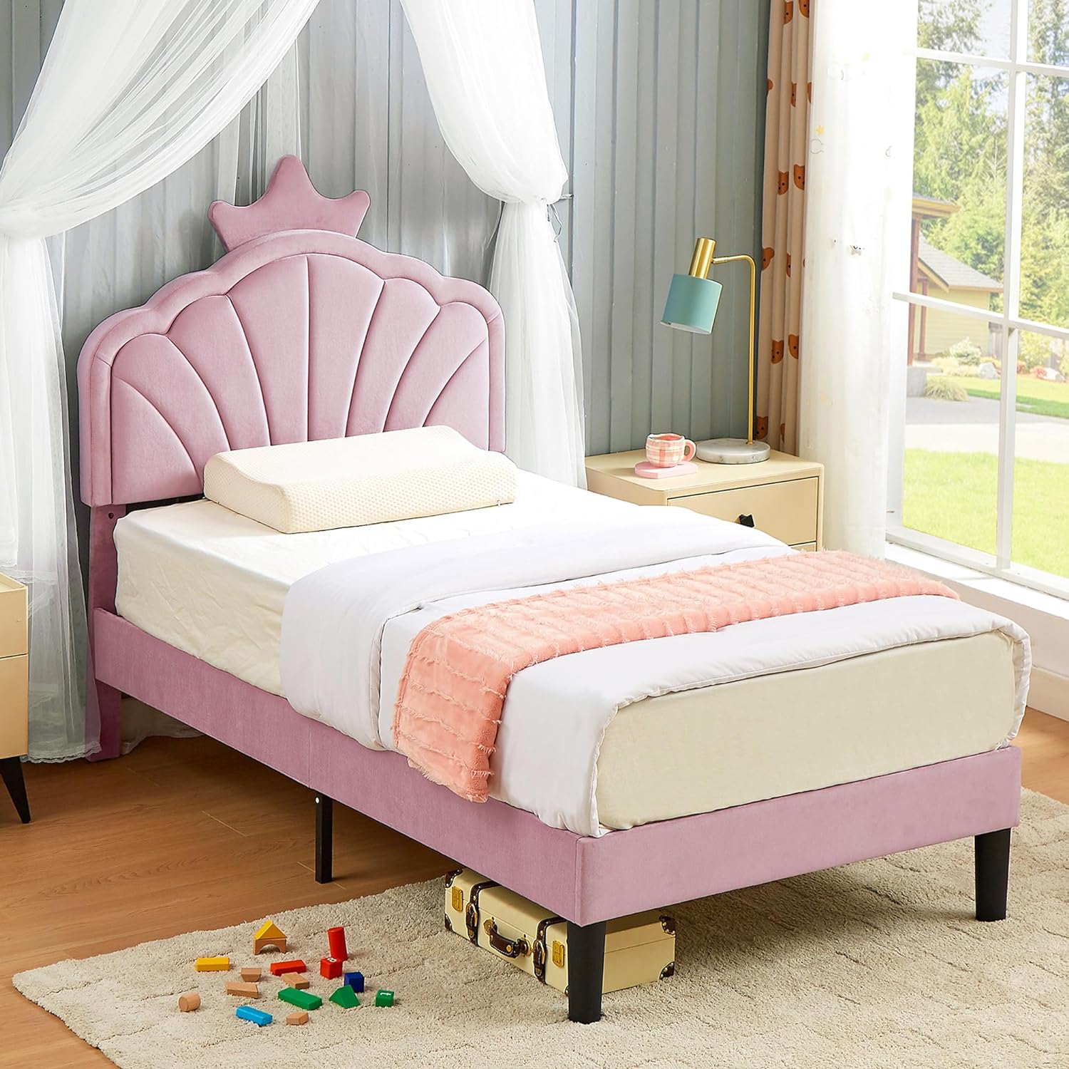 VECELO Twin Size Bed Frame Upholstered with Headboard, Strong Platform with Crown for Kids Girls