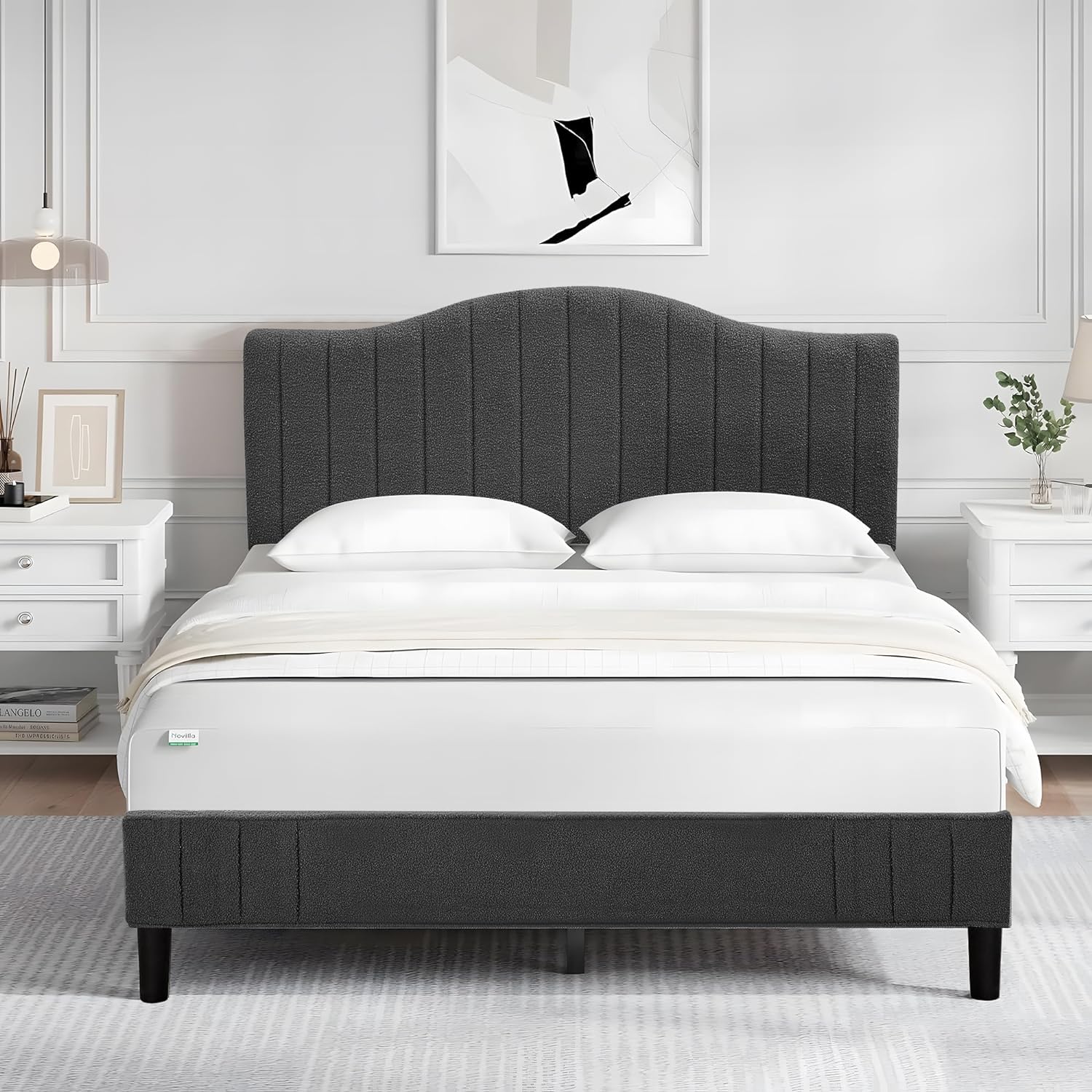 VECELO Upholstered Platform Bed Frame with Sheepskin Fabric Adjustable Headboard/Strong Wood Slats Supports - VECELO