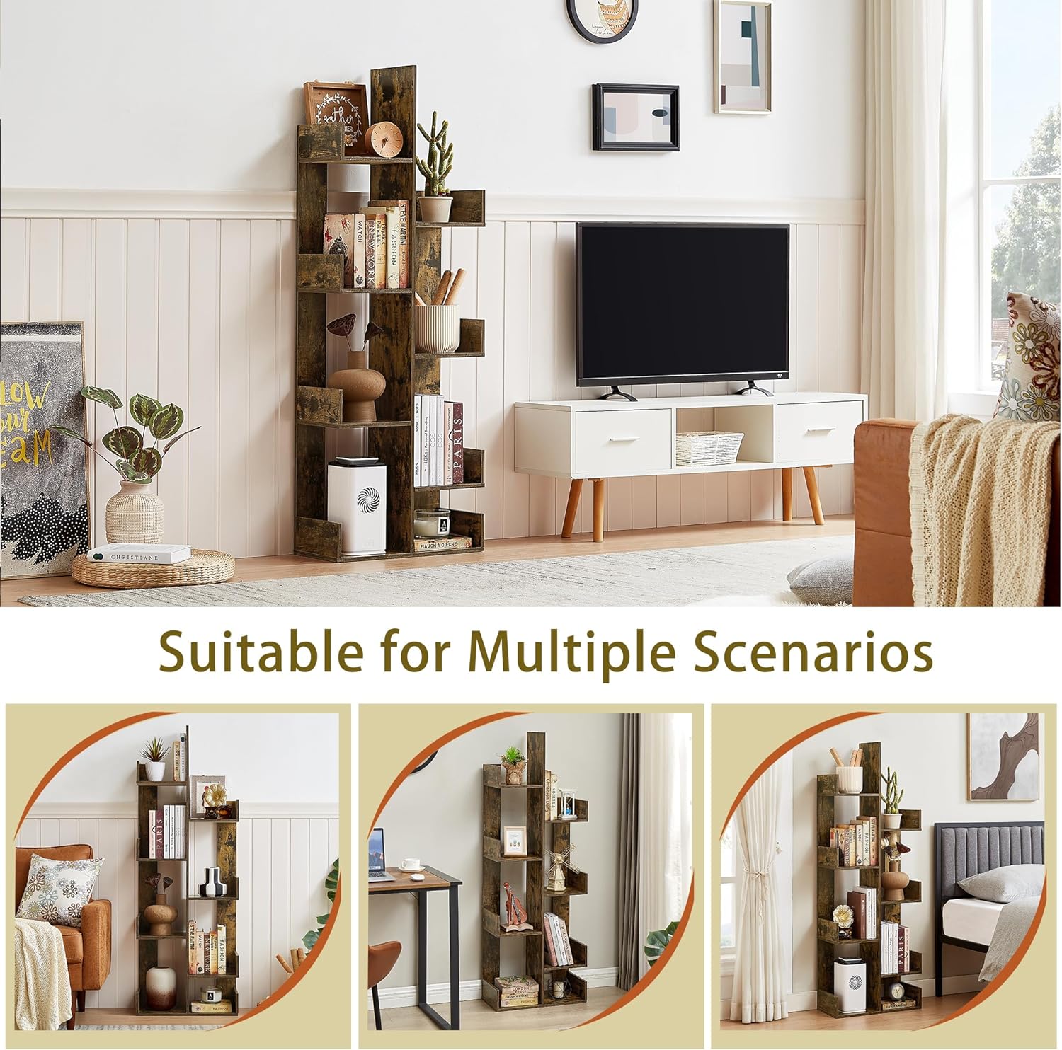 VECELO Tree Bookshelf, Geometric 8 Shelf Tree Bookcase Wood Bookshelves Display - VECELO