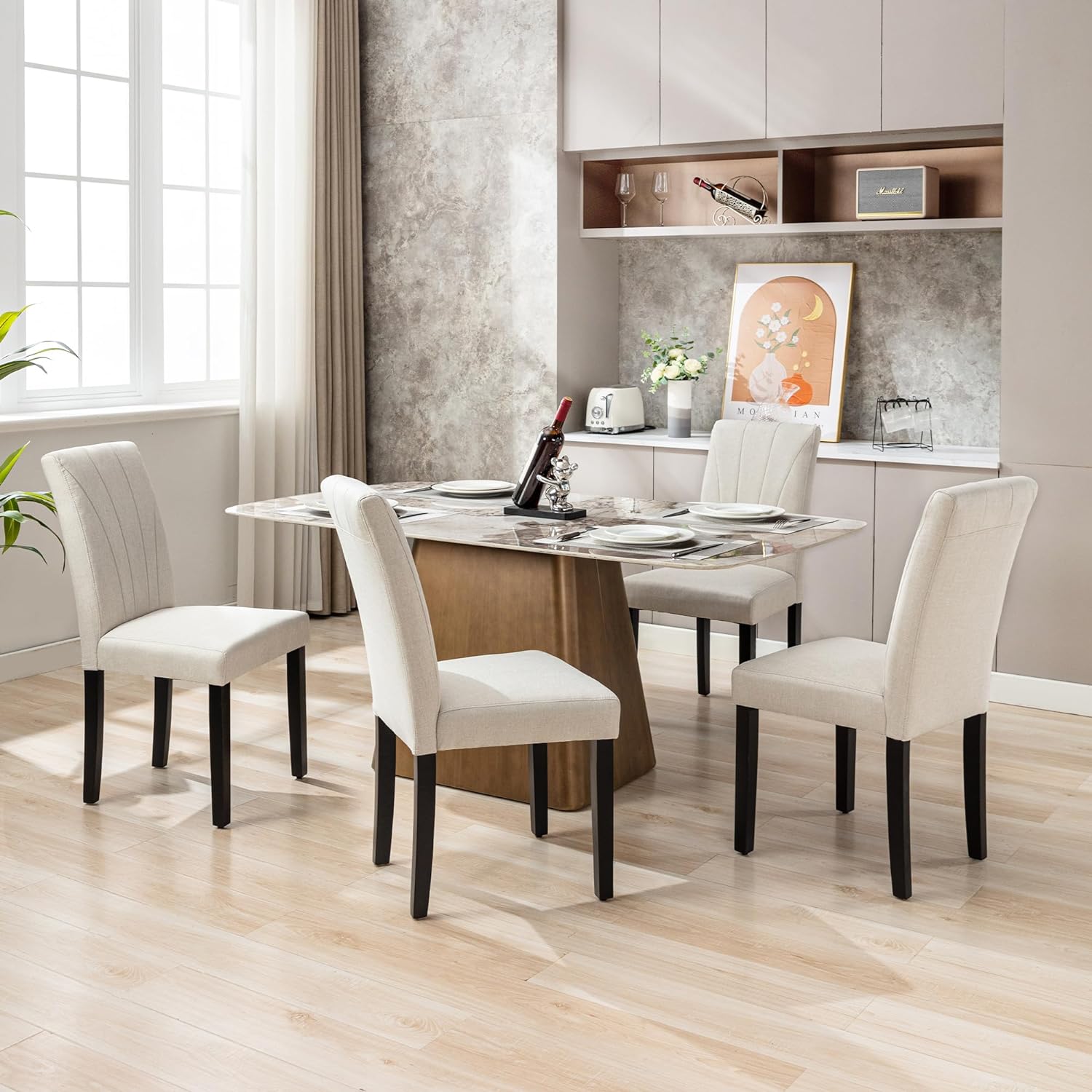 VECELO Set of 2 Upholstered Dining Chairs, Modern Fabric and Solid Wood Legs & High Back - VECELO