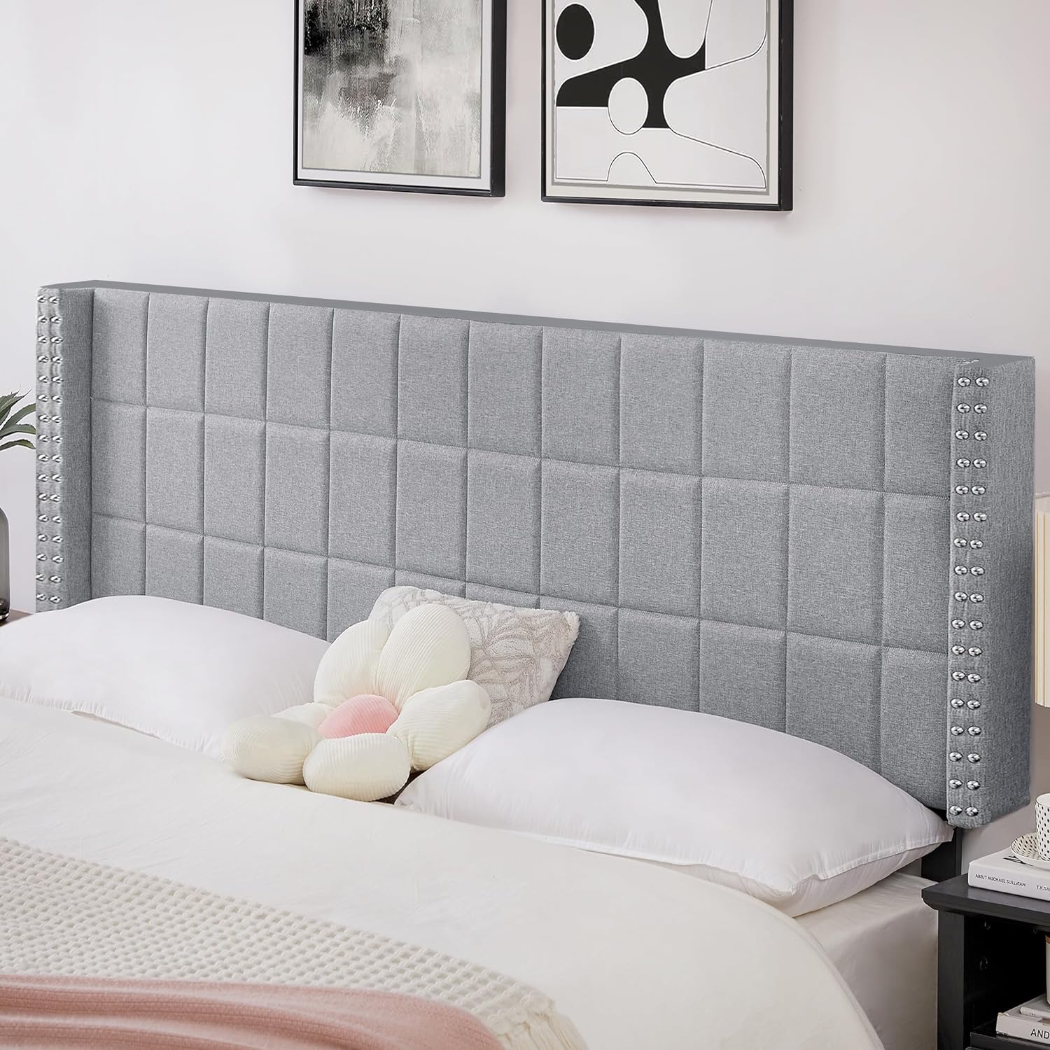VECELO Linen Upholstered Headboard for Queen/King Size Bed, Tufted Nailhead & Double Wingback for Bedroom - VECELO